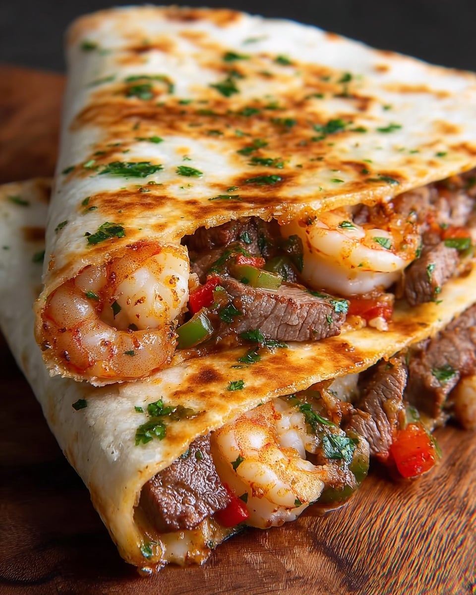 Two folded quesadillas stacked on a white marbled surface, each quesadilla showing a toasted tortilla with a golden-brown, slightly crispy texture speckled with chopped green herbs. Inside, there are layers of tender, browned beef chunks with a juicy texture, bright pink shrimp, small red bell pepper pieces, and finely chopped green herbs, all mixed with a light sauce that adds a slight shine. The quesadillas are cut at an angle, exposing the colorful and rich filling inside. Photo taken with an iphone --ar 4:5 --v 7