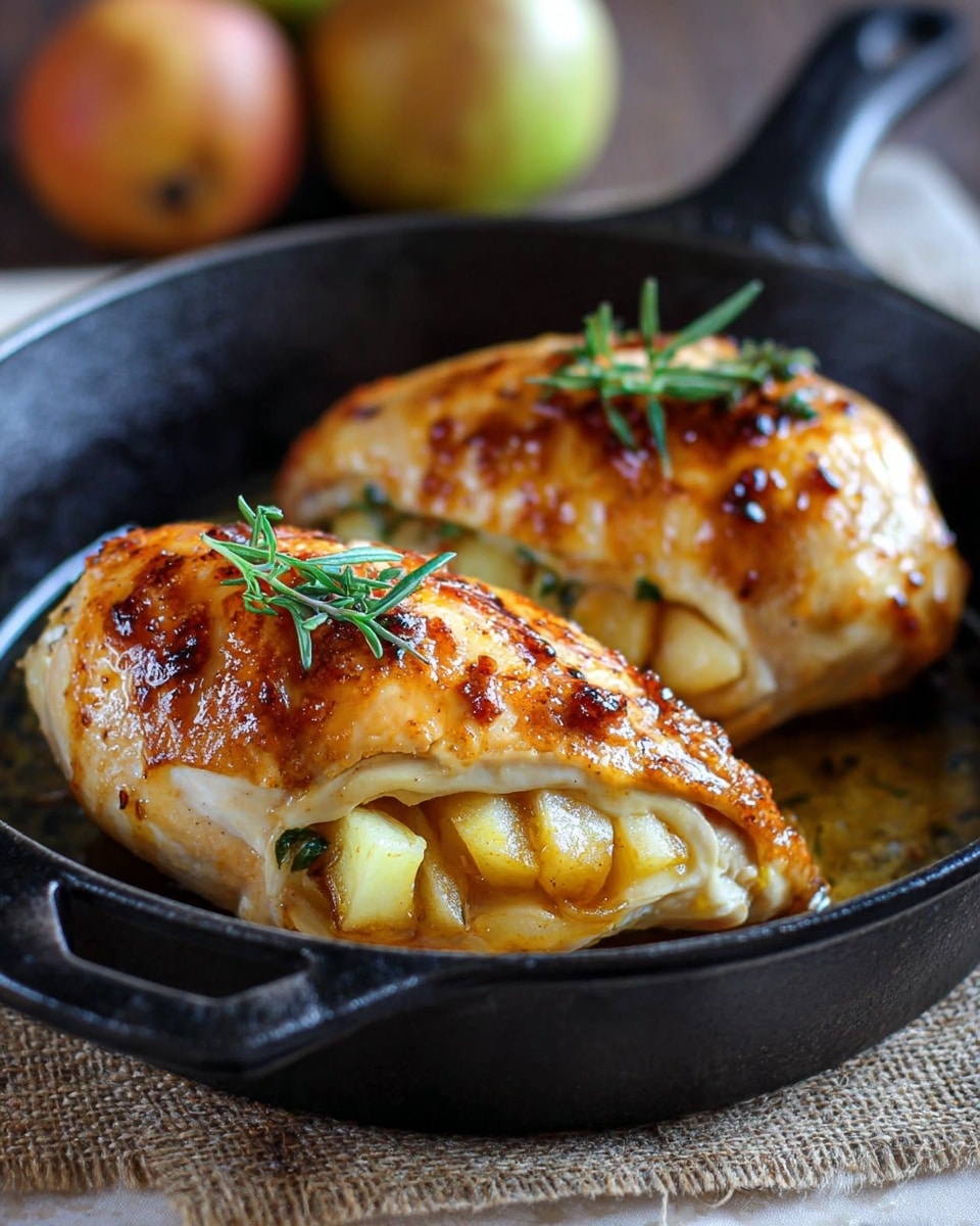 Two pieces of golden-brown roasted chicken breasts with crispy skin sit in a black cast iron pan; each piece is stuffed with small light yellow chunks of cooked apple or vegetable visible at the bottom opening. The chicken skin has a glossy, slightly caramelized texture with some browned spots, and each piece is topped with a small fresh green herb sprig. The pan rests on a rough brown fabric with blurred round fruits in the soft background, all on a white marbled textured surface. photo taken with an iphone --ar 4:5 --v 7