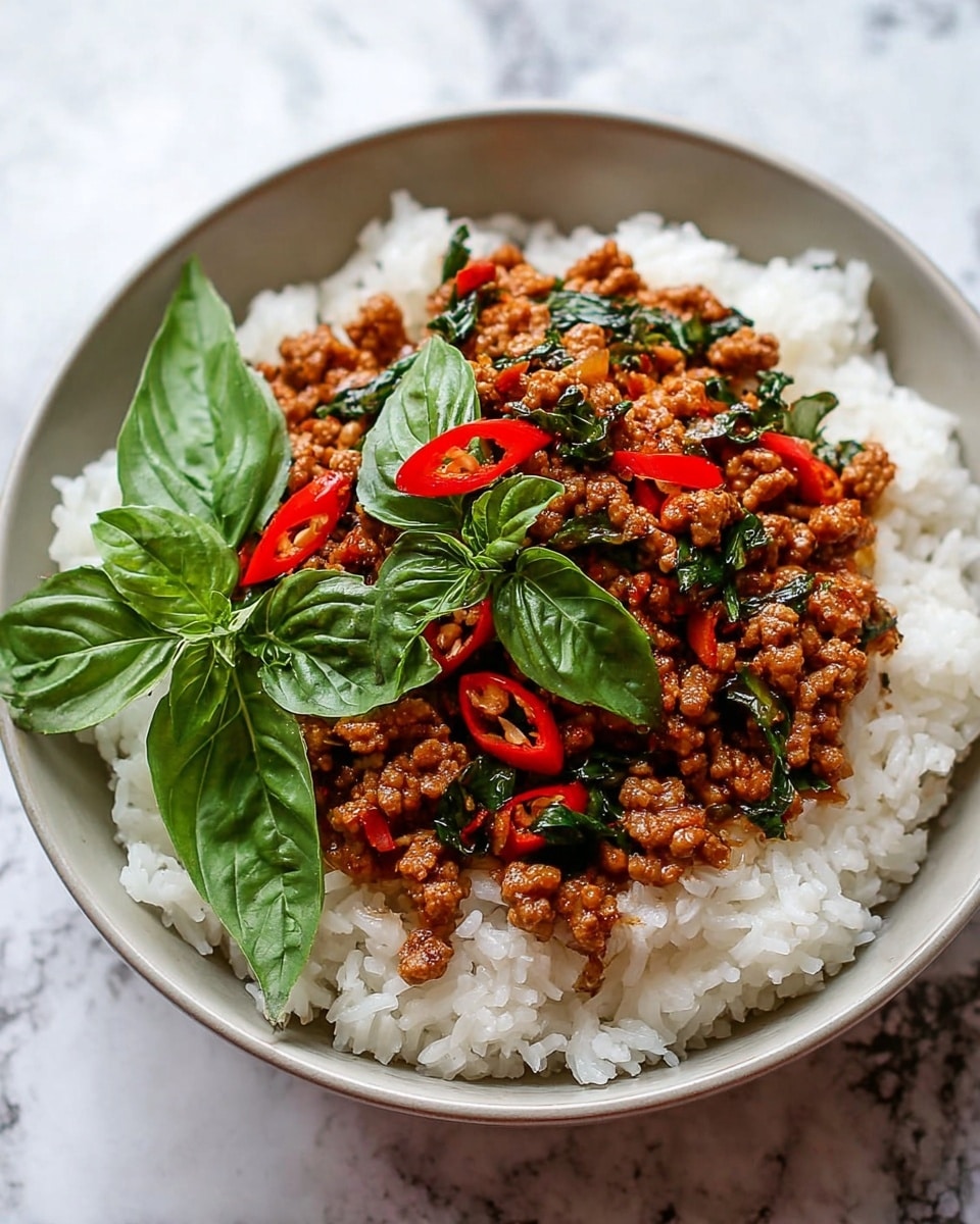 A white bowl filled with three layers of food sits on a white marbled texture; the bottom layer is plain white rice with individual grains visible, the middle layer is a mix of cooked brown ground meat with a slightly glossy texture, and the top layer includes vibrant green basil leaves and bright red chili slices scattered across. The colors are warm and natural, with the red chilies and green basil adding contrast on top of the brown meat and white rice. Photo taken with an iphone --ar 4:5 --v 7