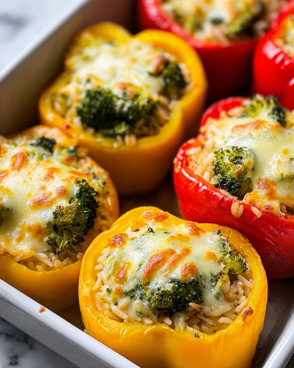 A close-up of stuffed bell peppers arranged in a white baking dish on a white marbled surface, each pepper cut open at the top and filled with cooked rice mixed with small broccoli pieces. The peppers are yellow and red with the yellow ones being the most visible, and each is topped with melted cheese that has slightly browned in spots, covering the rice and broccoli underneath. The rice looks soft and slightly browned, filling each pepper just below the rim. Some broccoli florets peek out from under the melted cheese, adding a fresh green color to the mix. The edges of the white baking dish show slight browning from baking, adding texture to the scene. photo taken with an iphone --ar 4:5 --v 7