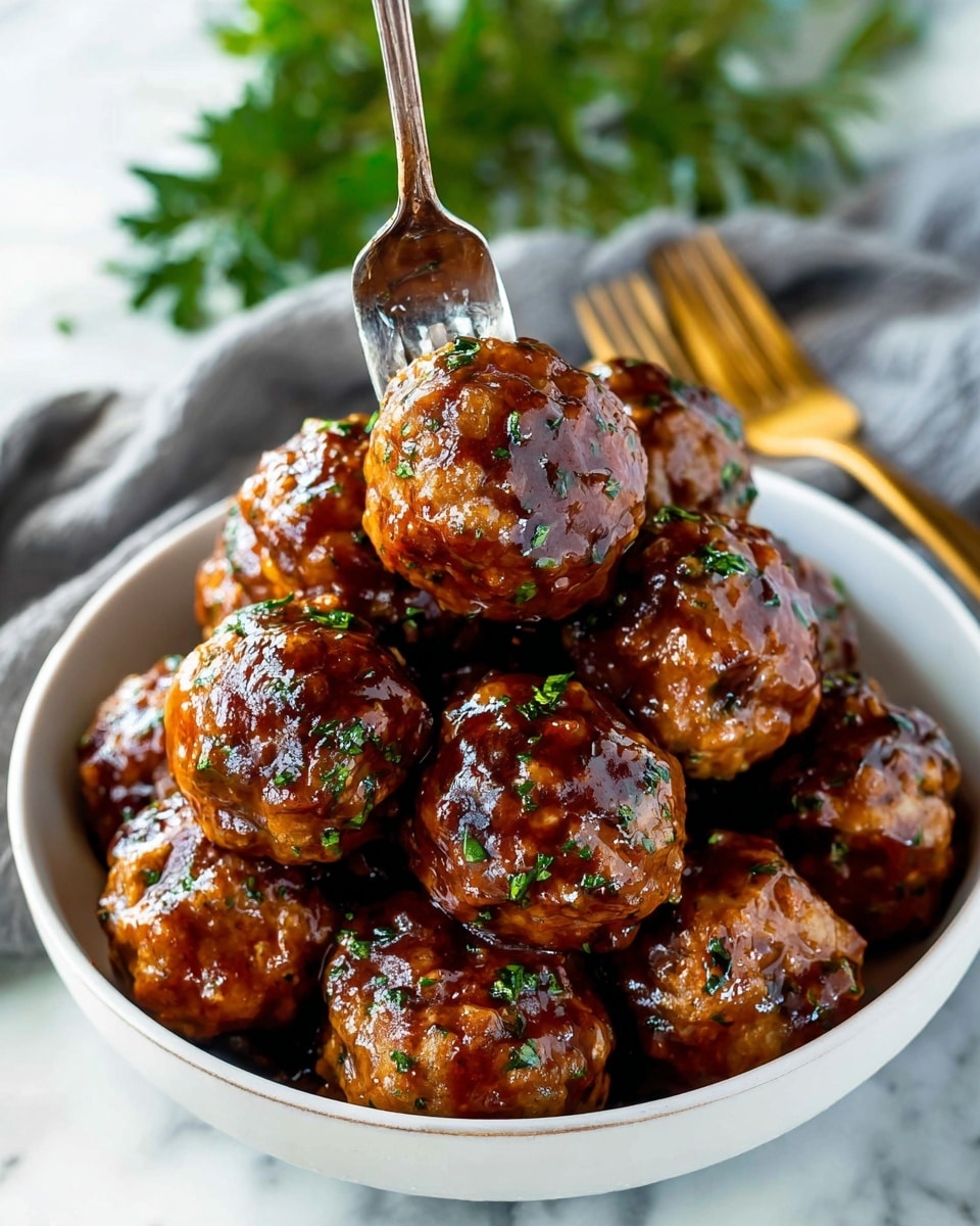 A white bowl filled with several glossy, brown meatballs covered in a shiny sauce, each sprinkled with small green herb pieces. The meatballs are stacked high, showing a rough, slightly uneven texture beneath the sauce. A fork is stuck into one meatball at the top, pulling it slightly upwards. The bowl sits on a white marbled surface with soft blurred green foliage in the background, and a folded cloth and other forks are placed nearby. Photo taken with an iphone --ar 4:5 --v 7