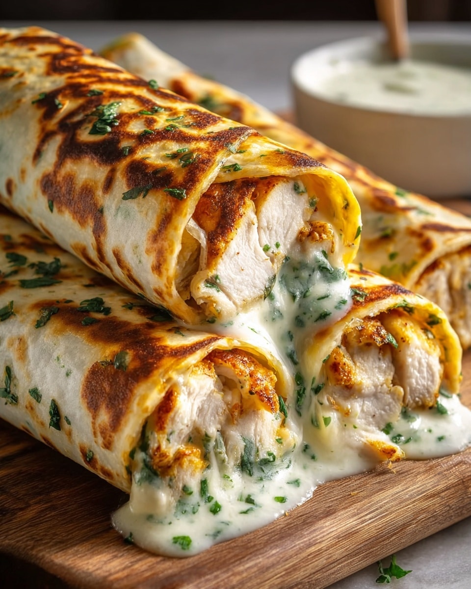 Three grilled wraps lie close together on a wooden board placed on a white marbled texture. Each wrap shows two main layers: a golden-brown toasted tortilla on the outside, and inside, a thick layer of cooked white chicken with a slightly browned outer edge, covered with melted white cheese mixed with green herbs that slowly drip out from the edges. Small bits of chopped green herbs are also sprinkled on the tortillas' surfaces, adding color contrast. A blurry white bowl with a creamy dip is visible in the background. Photo taken with an iphone --ar 4:5 --v 7