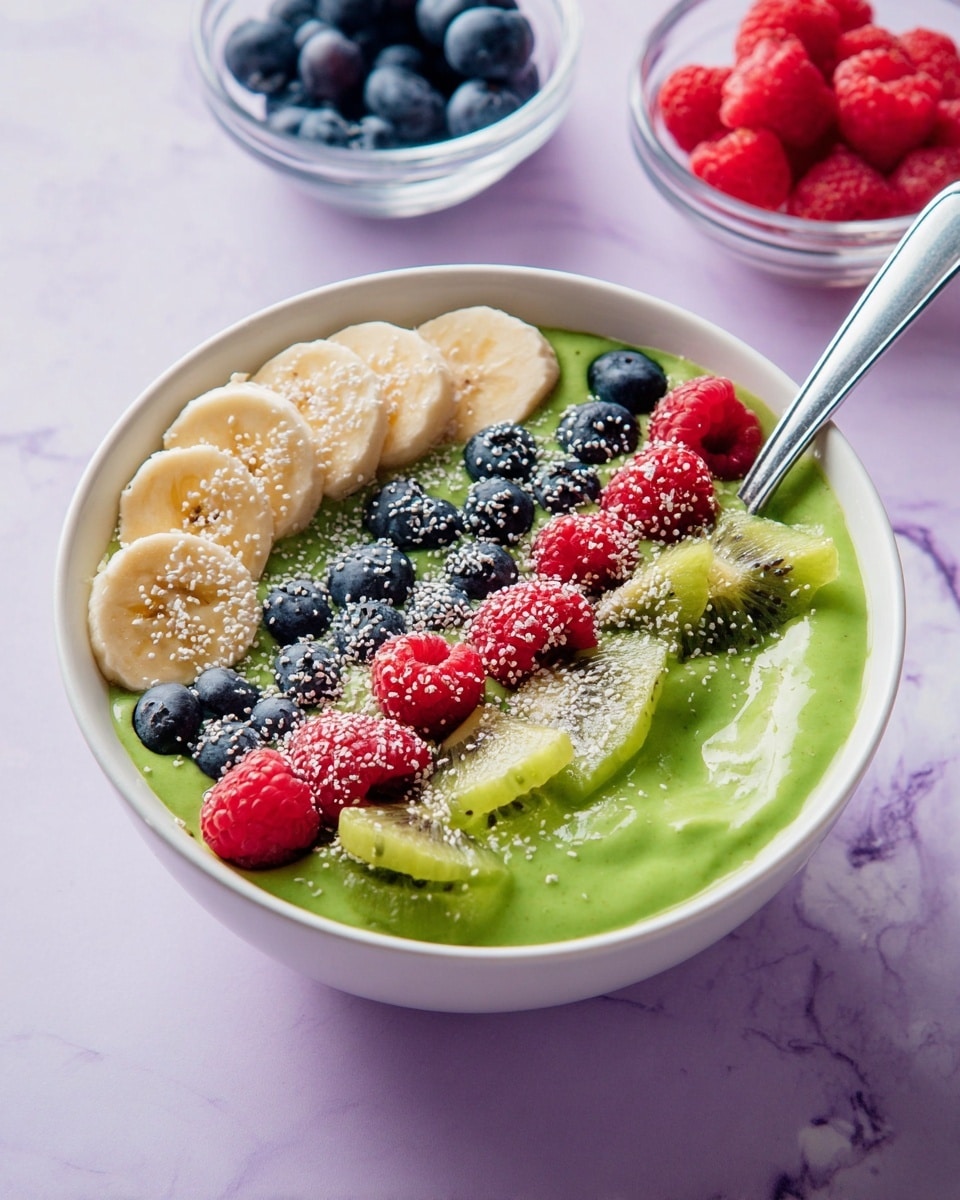A white bowl filled with a thick, smooth green smoothie forms the base layer, topped with three neat rows of fruit and seeds. At the top left, thin round banana slices are lined up closely, sprinkled with small white seeds. Below the bananas, shiny dark blueberries are grouped together. In the center, bright yellow-green kiwi slices peek out, surrounded by plump red raspberries arranged closely in the middle and right side. The green smoothie has a creamy texture with some white seed sprinkles scattered across. A silver spoon rests inside the bowl on the right side. In the background, small clear bowls hold extra raspberries and blueberries on a soft purple surface replaced by a white marbled texture. photo taken with an iphone --ar 4:5 --v 7