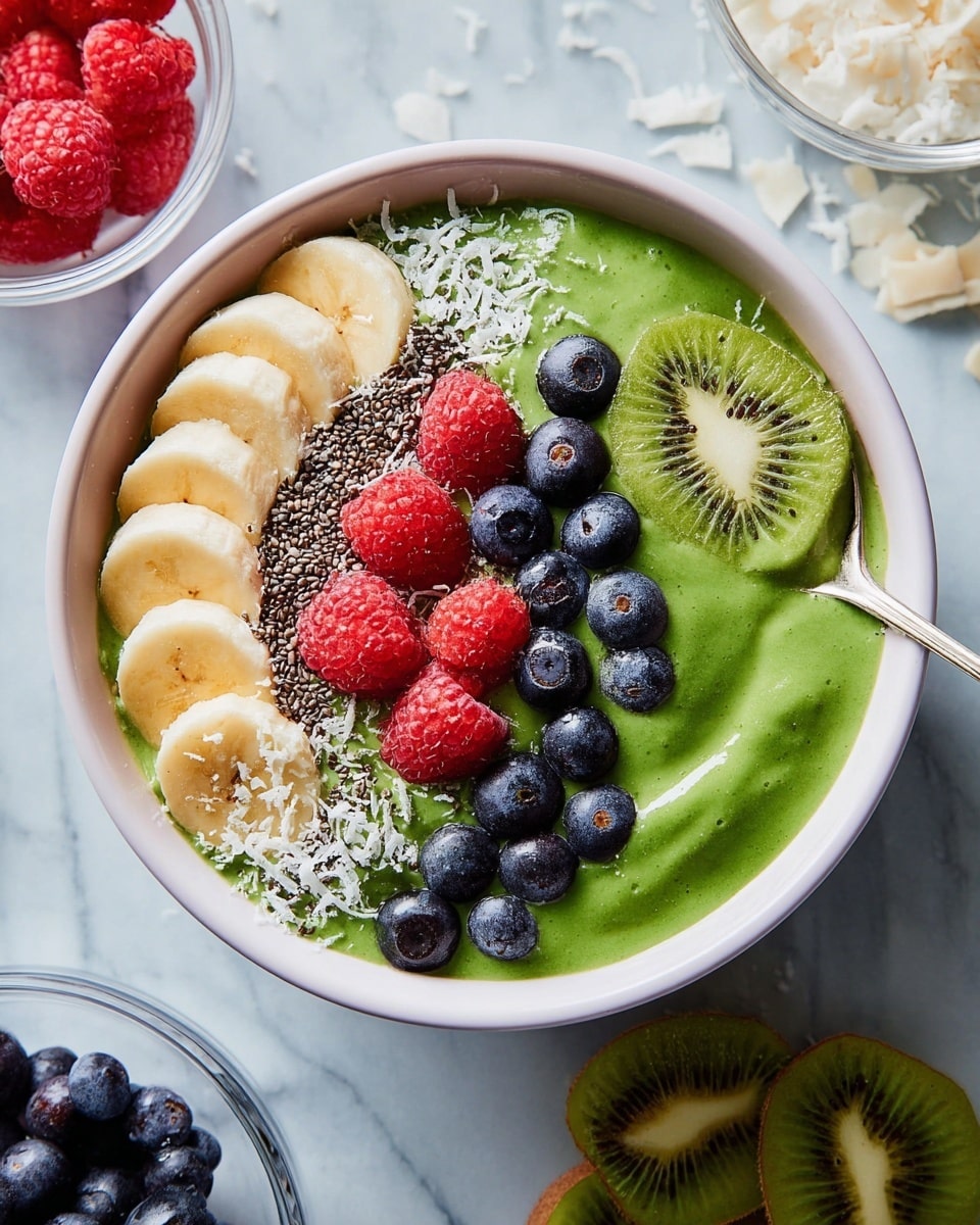 A white bowl filled with a thick, smooth green smoothie base sits on a white marbled texture. On top, there are even layers of sliced bananas on the left edge showing pale yellow with soft texture, scattered chia seeds over the banana and green base, a group of fresh bright red raspberries placed toward the center, and plump dark blue blueberries arranged near the bottom edge. Two slices of kiwi, showing their green color with tiny black seeds, rest near the raspberries and bananas. A silver spoon is partially dipped into the smoothie on the right side. Around the bowl, there are small glass bowls filled with raspberries, blueberries, and shredded coconut. Sliced kiwi and banana pieces are also spread on the background. Photo taken with an iphone --ar 4:5 --v 7