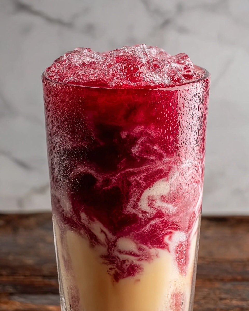 A tall clear glass filled with a cold drink that has three visible layers: at the bottom, a deep red layer with a juicy, pulpy texture; in the middle, a creamy, light beige layer that swirls into the red above and below, creating a marbled effect; on top, a fluffy, bubbly layer of crushed ice mixed with the same red liquid, forming small bubbles and a wet, glossy finish. The glass shows tiny droplets of moisture on the outside, and the background has a simple white marbled texture. Photo taken with an iphone --ar 4:5 --v 7