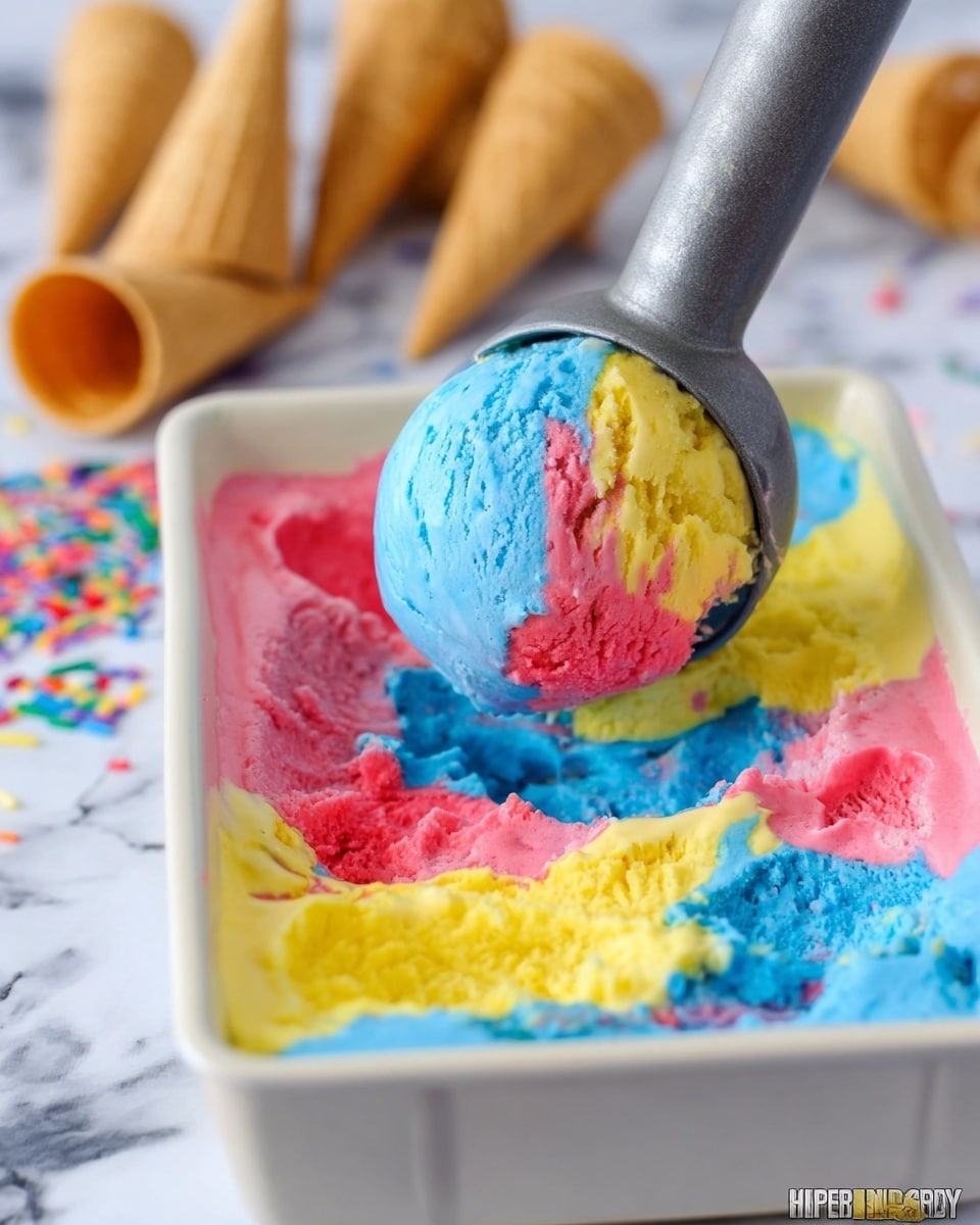 Two stacked scoops of bright rainbow ice cream with swirls of pink, blue, yellow, green, and orange sit in a plain wafer cone with a grid pattern. The ice cream looks soft and creamy, with the top scoop slightly larger and rounded. In the background, another cone holds a similar double scoop of rainbow ice cream, and colorful star-shaped confetti is scattered on the white marbled surface. A bright, comic-style yellow and pink backdrop adds a playful, fun vibe. photo taken with an iphone --ar 4:5 --v 7