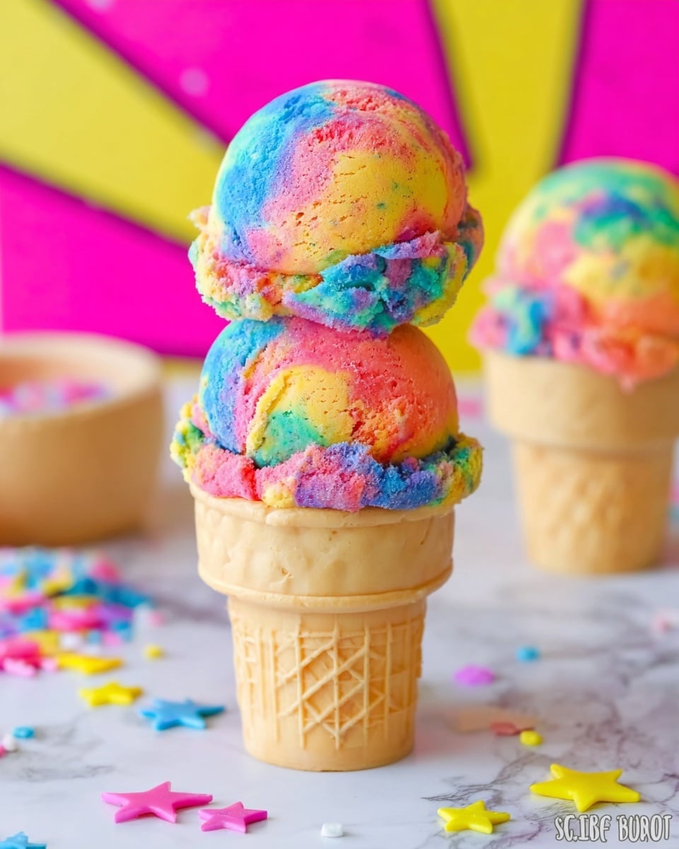 The image shows a scoop of colorful ice cream with four visible layers: bright blue, pink, yellow, and red, all mixed together in a creamy texture. The ice cream is inside a rectangular white container, and a metal ice cream scoop is lifting one rounded scoop from it. In the background, there are several empty ice cream cones stacked and slightly out of focus, placed on a white marbled surface. The whole scene looks bright and playful. photo taken with an iphone --ar 4:5 --v 7