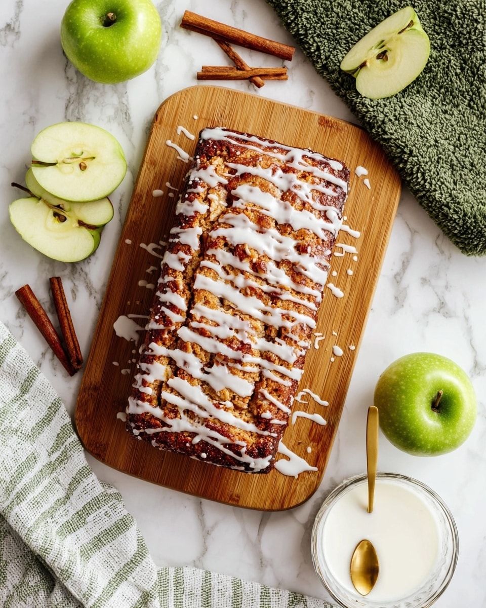 A rectangular apple cinnamon cake with a golden-brown crust sits on a wooden board placed on a white marbled surface. The top of the cake is drizzled with white icing in uneven lines, revealing a textured, slightly crumbly surface with visible bits of apple and cinnamon. Around the cake are three cinnamon sticks near the top left, two green apple halves—one cut in half and the other with seeds showing—and a whole green apple on a white and gray striped cloth at the bottom left. At the bottom right of the board, there is a clear glass bowl filled with white icing or milk, with a small golden spoon inside. A green textured cloth rounds the top right edge of the image. Photo taken with an iphone --ar 4:5 --v 7
