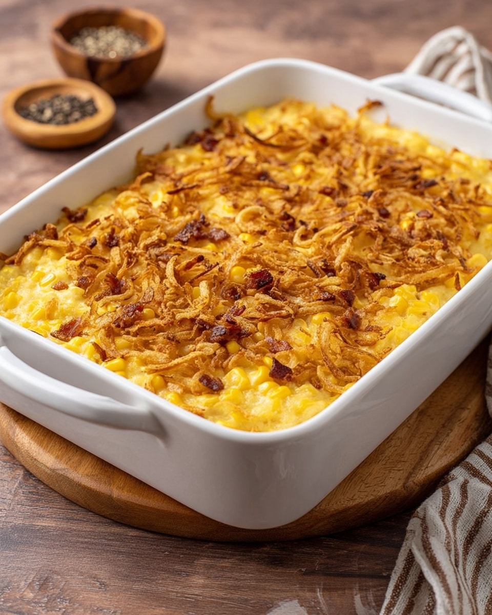 A white rectangular baking dish holds a layered corn casserole. The bottom layer is creamy and yellow, likely a baked corn and cheese mixture. On top, crispy golden-brown fried onions are spread evenly, adding texture and color contrast. Some small pieces of darker browned bits, possibly bacon, are mixed on the top layer. The casserole fills the dish almost to the edges, showing a slightly bubbly surface under the fried onions. The dish rests on a wooden surface with a small bowl of black pepper and a cloth with a striped pattern in the background. Photo taken with an iphone --ar 4:5 --v 7