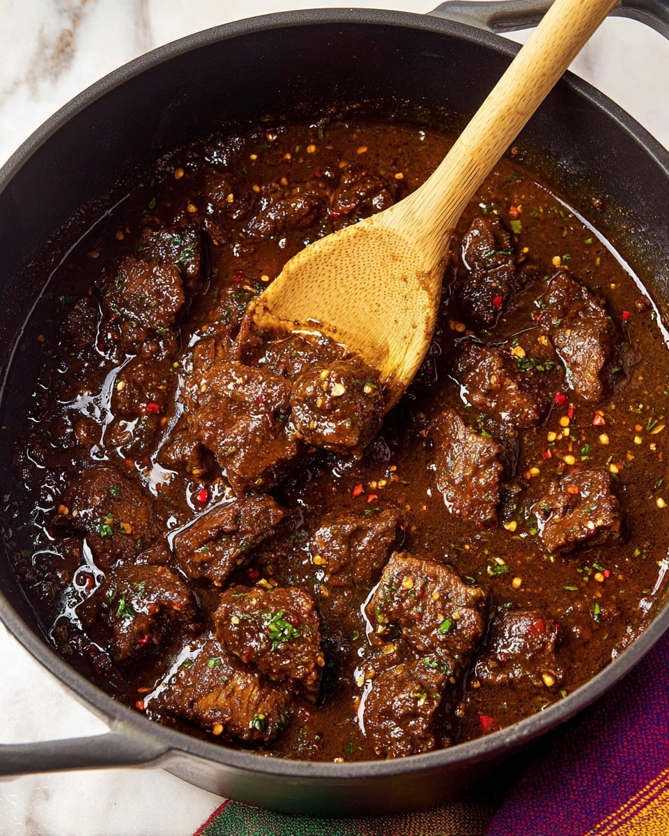 A large black pot filled with a thick, rich brown stew containing many chunks of tender meat coated in a glossy, dark sauce. The meat pieces are irregular in shape, and the sauce has a slightly textured surface with visible small herbs and crushed red chili flakes scattered throughout. A wooden spoon lifts several pieces of meat from the stew, showing the juicy texture and deep color of the dish. The pot sits on a white marbled surface with a colorful cloth partially visible on the right side. photo taken with an iphone --ar 4:5 --v 7