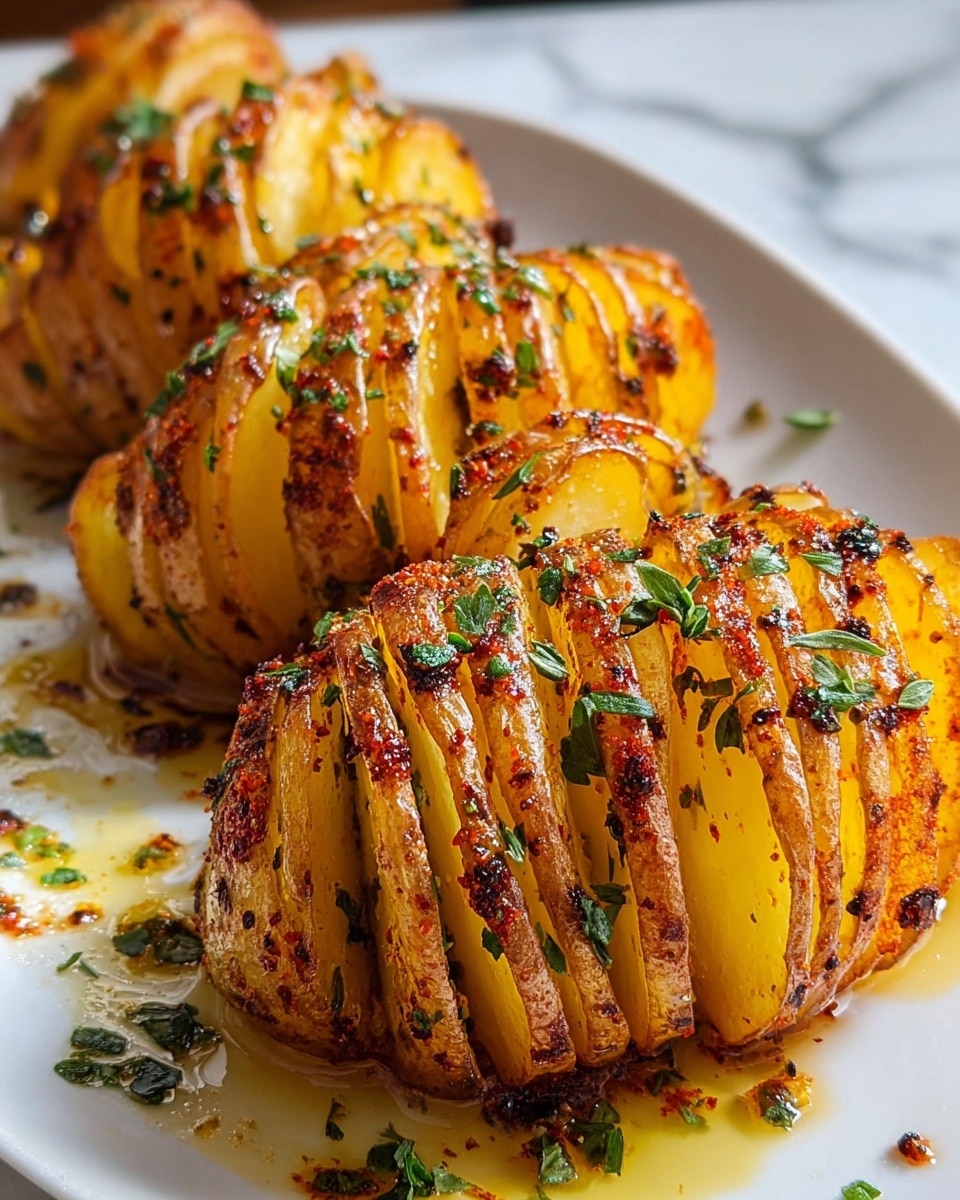 The image shows four roasted potatoes sliced thinly in a layered spiral shape, each layer golden brown with crispy edges and soft inside. The potatoes have a textured, slightly shiny surface with specks of black pepper, paprika, and green chopped herbs sprinkled over them. They are arranged in a row on a white plate with some oil pooling around them and a few small herb leaves scattered on the plate. The background is a white marbled texture. Photo taken with an iphone --ar 4:5 --v 7
