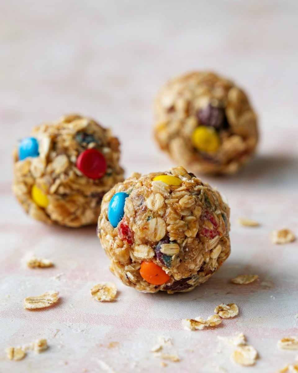 The image shows three round energy bites made from oats mixed with small colorful candy pieces embedded within the mixture. Each ball is roughly the same size and has a textured surface with visible flakes of oats and tiny seeds or grains. The colors of the candy pieces include red, yellow, orange, and blue, scattered unevenly throughout the snack balls. These bite-sized treats sit directly on a soft white marbled surface with a faint checkered pattern visible beneath. Small crumbs and loose oat flakes are scattered around the energy bites, adding to the casual, homemade feel of the presentation. photo taken with an iphone --ar 4:5 --v 7