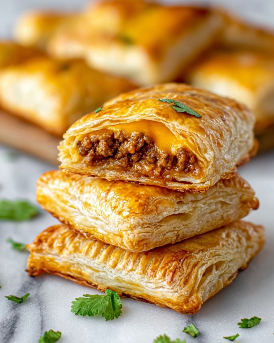 The image shows a stack of two rectangular, golden-brown baked pastries with flaky layers on a white surface with a white marbled texture. The top pastry is cut open, revealing three visible layers inside: a thin outer crust, a middle layer of orange melted cheese, and an inner layer filled with finely ground brown meat. There are small green herb pieces sprinkled on and around the pastries. In the background, more similar pastries are arranged, showing the flaky and chewy texture of the crust. photo taken with an iphone --ar 4:5 --v 7