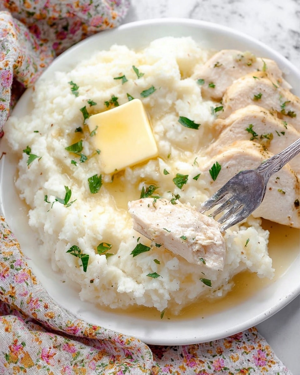 A close-up view of a white plate filled with creamy white mashed potatoes topped with a square pat of melting pale yellow butter and sprinkled with small green parsley bits. On one side of the plate are several pieces of light tan cooked chicken breast drizzled with a light-colored sauce and garnished with more parsley. A silver fork is piercing a thick slice of chicken breast, lifting it slightly above the plate. The plate rests on a fabric with a floral pattern and is set against a white marbled background. photo taken with an iphone --ar 4:5 --v 7