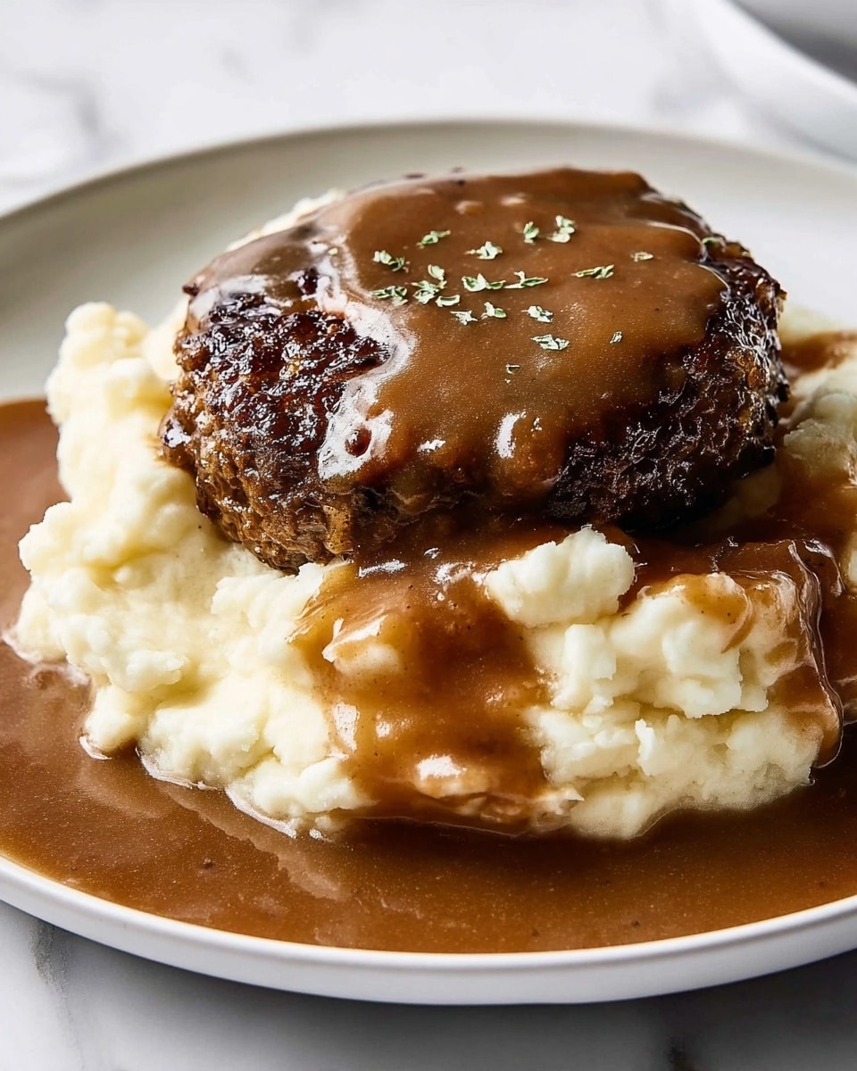 A close-up image of a white plate with three main layers: creamy white mashed potatoes with a soft, slightly textured surface topped with small green herb pieces at the back; in front, a thick, dark brown meat patty with a slightly crispy, charred texture; and rich, glossy brown gravy poured generously over the meat patty and flowing onto the mashed potatoes and plate, showing smooth and slightly lumpy textures. The plate is set on a white marbled surface. Photo taken with an iphone --ar 4:5 --v 7