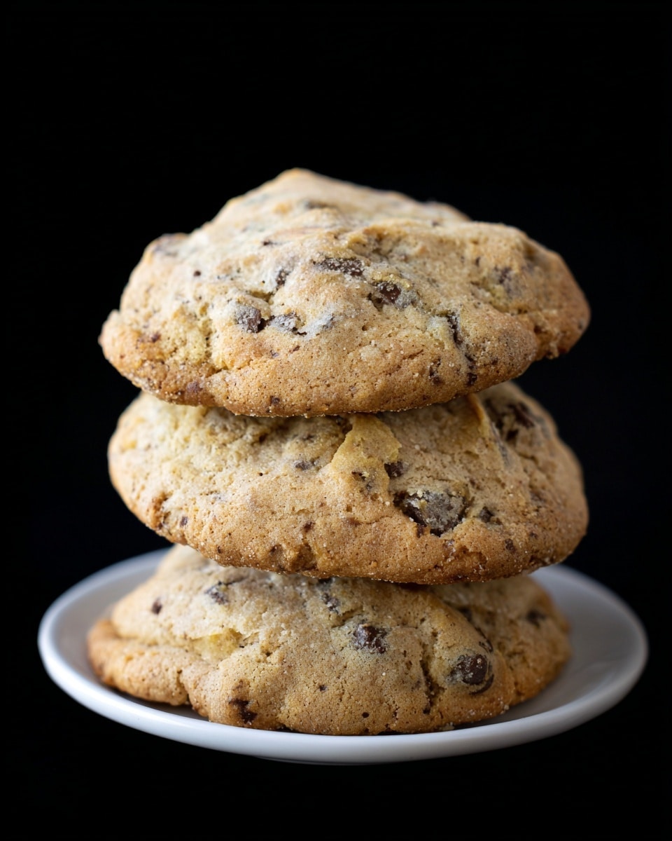 A close stack of three soft chocolate chip cookies sits on a small white plate, each cookie thick and lumpy with a light brown color mixed with dark brown chocolate chips peeking through. The top cookie is uneven with a slightly rough texture, while the middle and bottom cookies show a similar soft, chewy look with subtle cracks and uneven edges. The whole stack is centered against a pure black background that makes the cookies stand out clearly. photo taken with an iphone --ar 4:5 --v 7