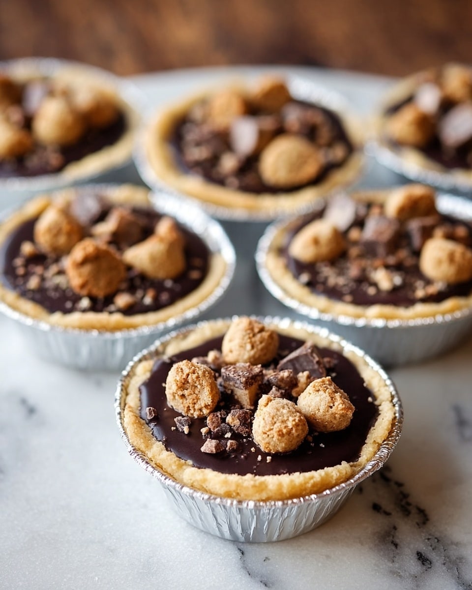 There are small round tarts each with a golden-brown crust as the bottom layer. On top of the crust is a smooth, thick layer of dark chocolate filling that looks glossy and rich. Scattered on the chocolate layer are different sized pieces of cookie dough, some whole balls and some broken into chunks, showing a light tan color with dark chocolate chips inside. The tarts are in silver foil containers, and they are placed on a white marbled surface. The image shows four tarts, close up, with a clear focus on the front tart. photo taken with an iphone --ar 4:5 --v 7