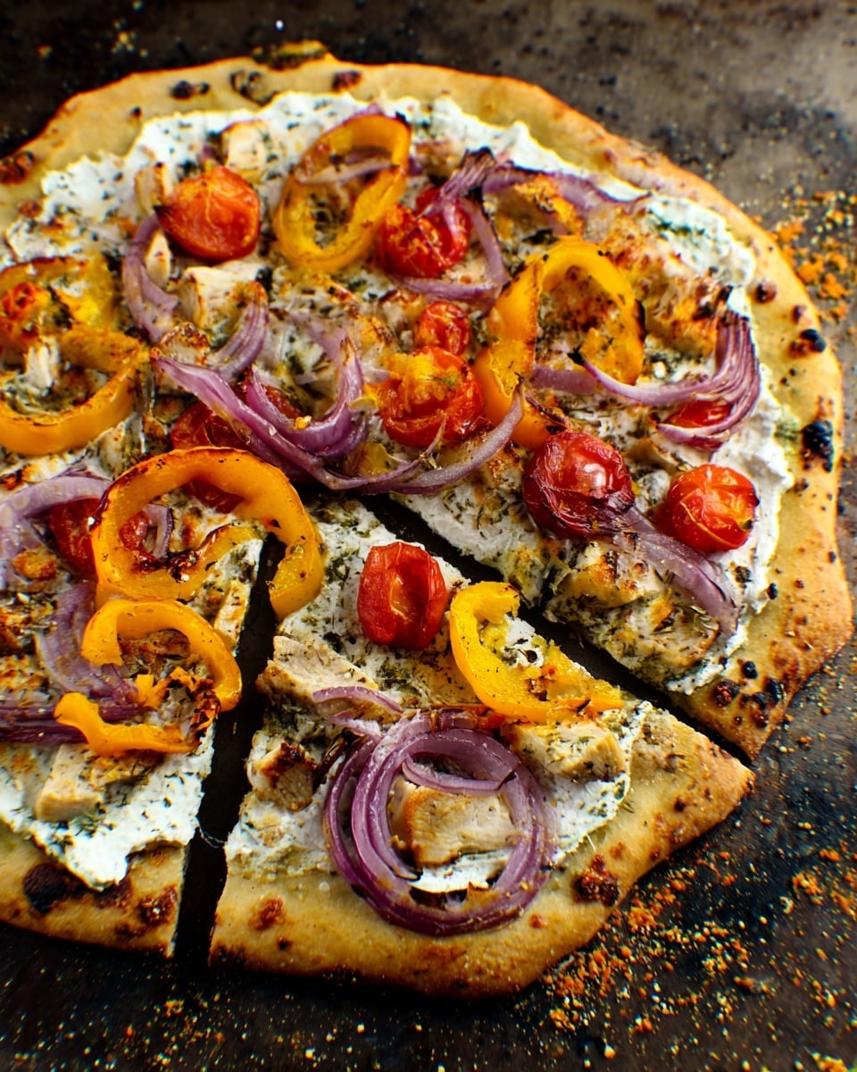 A pizza with one thin layer of light golden brown crust, slightly charred at the edges, topped with a layer of white creamy cheese spread evenly. Over this, there are slices of bright yellow and orange bell peppers, purple onion rings, halved red cherry tomatoes, small chunks of light yellow grilled chicken, and some crumbled light orange cheese scattered across. The pizza rests directly on a dark baking surface with small burnt spots. photo taken with an iphone --ar 4:5 --v 7