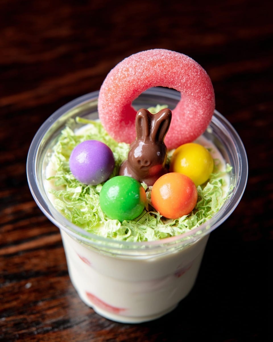 A small clear plastic cup filled with a smooth creamy white base topped with green shredded bits scattered all around. On top are five bright, round candy-like balls in pink, yellow, orange, green, and purple placed evenly. A small chocolate bunny figure sits near the center, and a pink sugar-coated candy ring arcs over the top edge of the cup. The cup is placed on a dark wooden surface. photo taken with an iphone --ar 4:5 --v 7