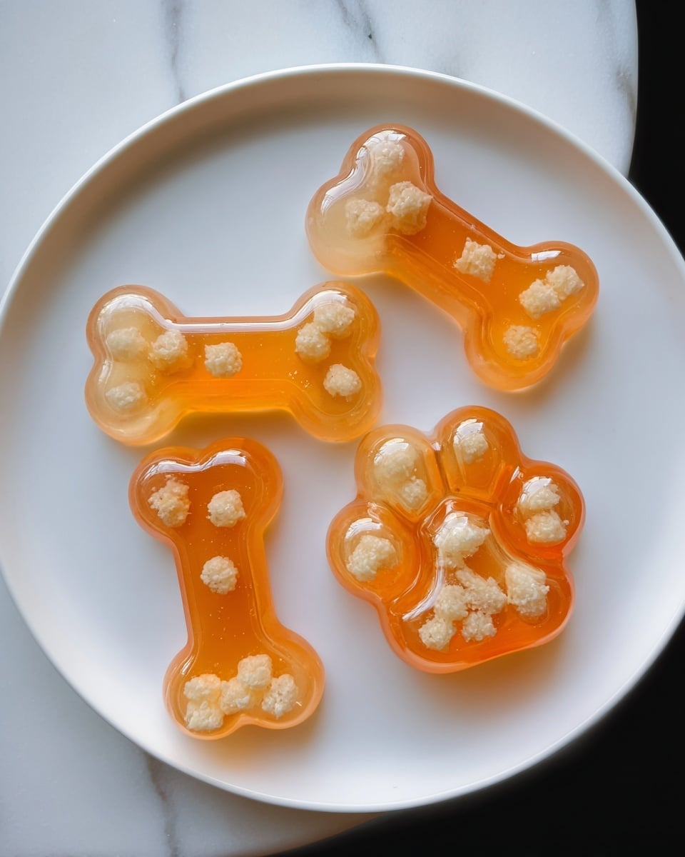 Four translucent orange gelatin treats shaped like bones and one shaped like a paw are placed on a white plate. Each treat has small white chunks suspended inside, evenly spread throughout each shape. The bone shapes have smooth rounded ends, and the paw shape has five rounded pads. The plate sits on a background with a white marbled texture. photo taken with an iphone --ar 4:5 --v 7