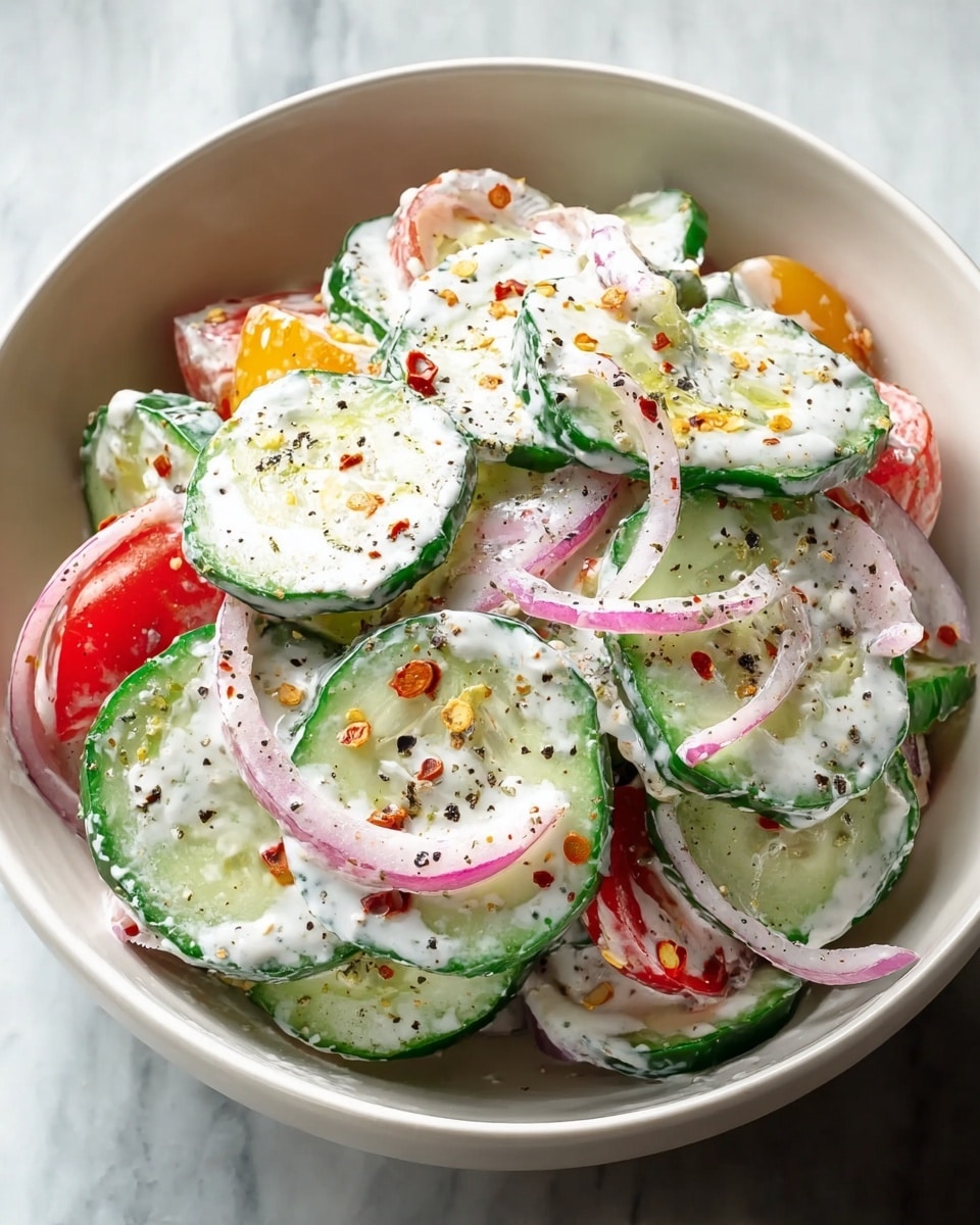 A white bowl filled with a creamy cucumber salad, showing several layers of thinly sliced green cucumber rounds forming the base and top layers, interspersed with thin rings of purple-red onion and small pieces of red and yellow tomato slices. The vegetables are coated in a thick, white creamy dressing scattered with coarse ground black pepper and red pepper flakes, adding texture and color contrast. The bowl rests on a white marbled surface, emphasizing the fresh, vibrant colors of the salad. photo taken with an iphone --ar 4:5 --v 7