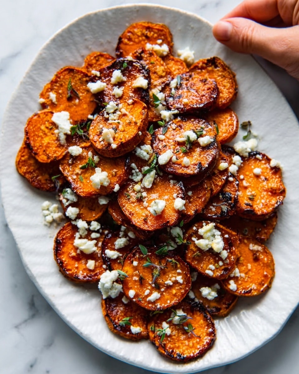 A white plate filled with two layers of round sweet potato slices, each slice showing a crispy, browned orange surface with char marks and a slightly crunchy texture. The sweet potato rounds are topped with small white crumbles of cheese, some scattered evenly across the top. Tiny green herbs add a fresh touch, and there are hints of a light drizzle of sauce giving a shiny appearance on some slices. The plate sits on a white marbled textured surface, and a woman's hand is reaching slightly toward the plate. photo taken with an iphone --ar 4:5 --v 7