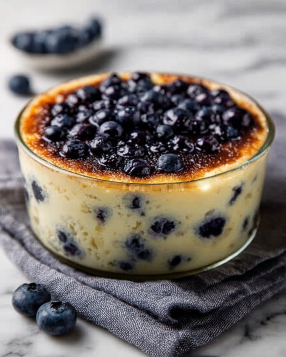 A clear glass bowl filled with a thick, creamy dessert that has a soft, slightly browned top layer covered with plump, dark blueberries. Inside, there are two visible layers: a pale, creamy yellow base dotted with blueberries and a lightly browned top layer with more blueberries spread evenly on top. The bowl rests on a grey cloth with a couple of loose blueberries nearby, set against a white marbled surface. Photo taken with an iphone --ar 4:5 --v 7