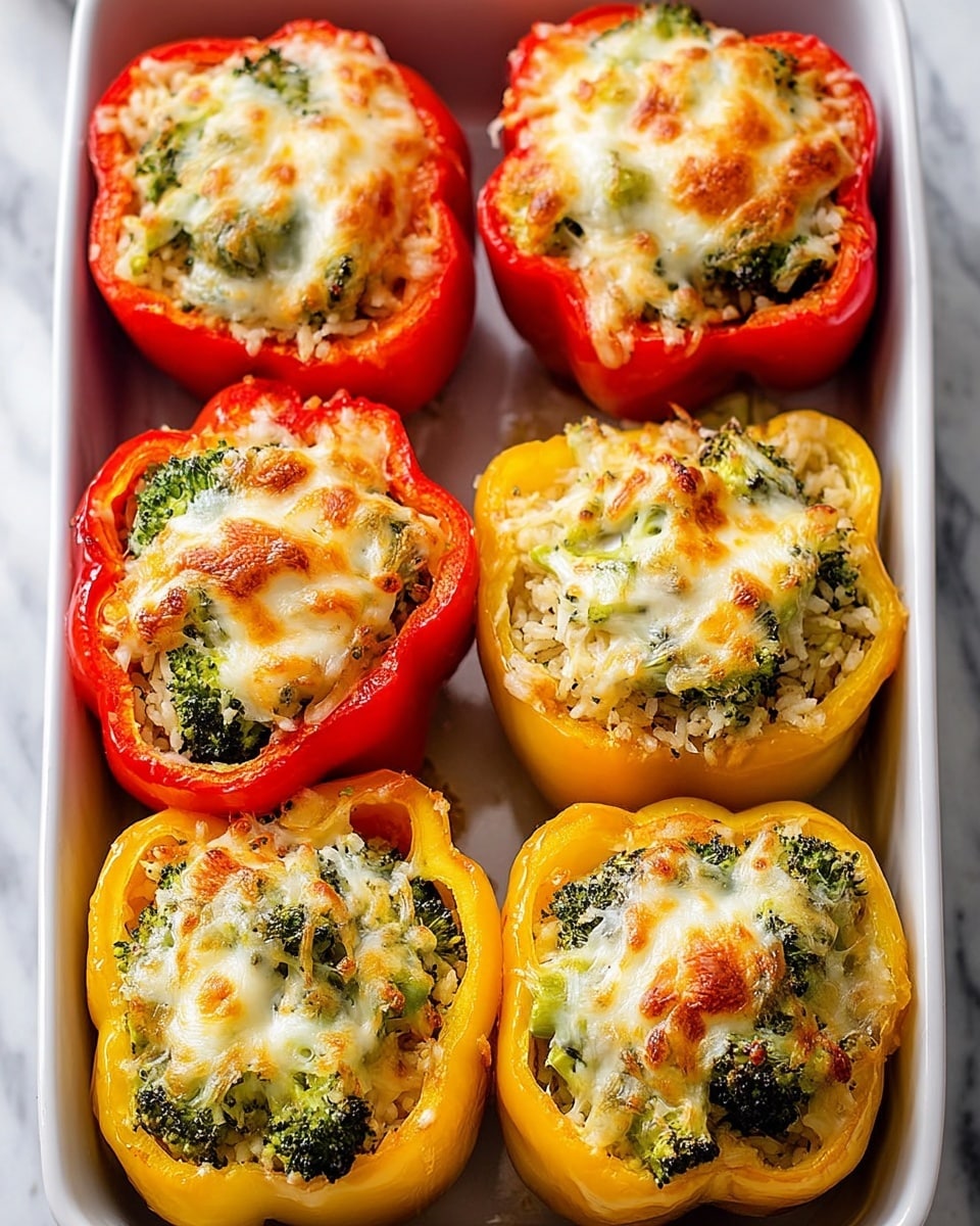 Six stuffed bell peppers arranged in two rows inside a white baking dish on a white marbled surface, with three red and three yellow peppers alternating. Each pepper is cut open at the top and filled with layers of cooked rice mixed with broccoli florets, topped generously with melted golden-brown cheese that looks bubbly and slightly crispy on edges. The filling is packed full to the brim, showing a textured mix of fluffy rice, bright green broccoli pieces, and creamy melted cheese that blends white and yellow shades with a glossy finish. Photo taken with an iphone --ar 4:5 --v 7