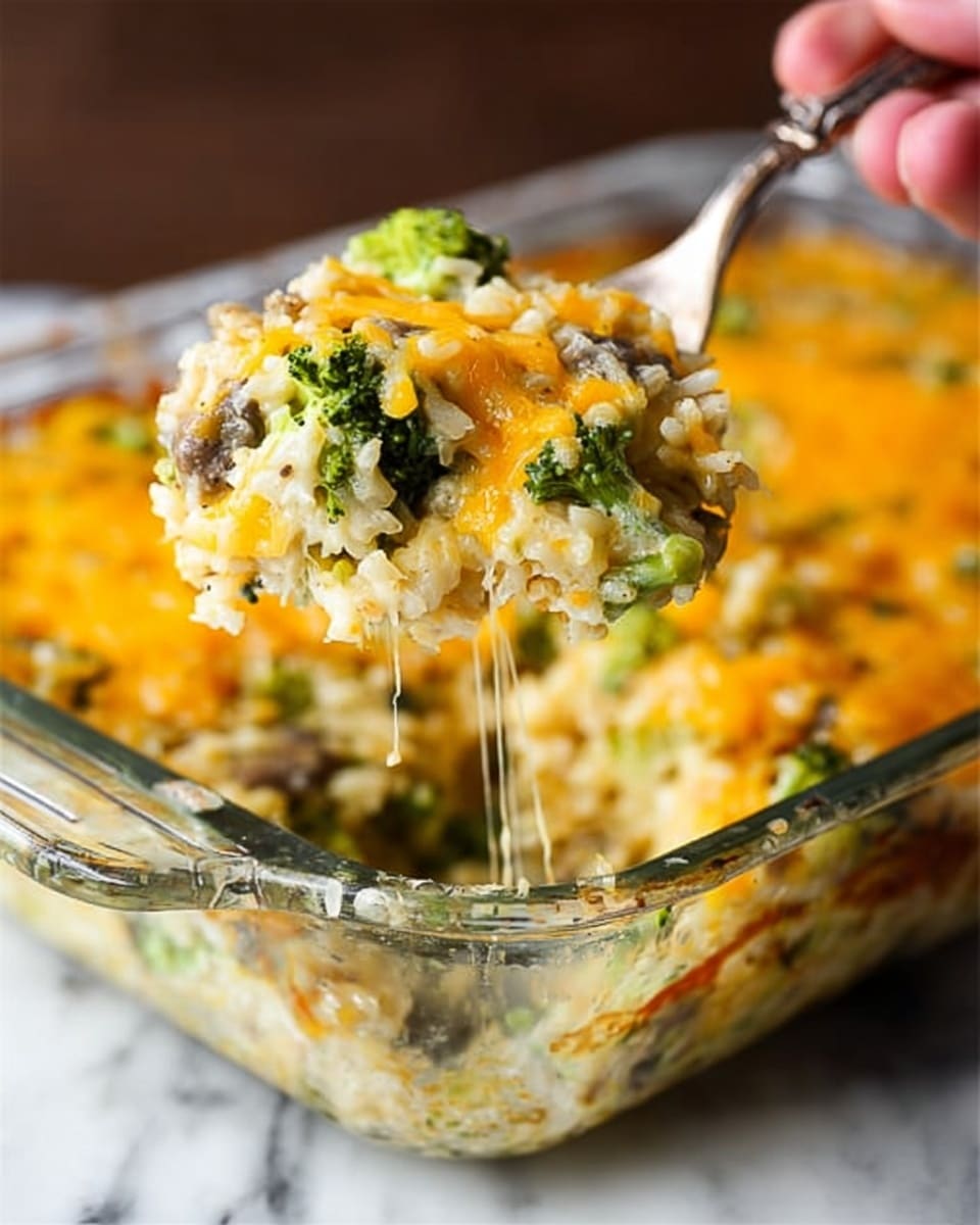 A spoon lifts a scoop of a creamy baked casserole from a clear glass dish placed on a white marbled surface. The casserole shows at least three layers: the bottom layer is rice mixed with small pieces of mushrooms, the middle layer contains bright green broccoli florets and shredded cheddar cheese, and the top layer is melted golden cheddar cheese with a slightly bubbly texture. The spoon holds the casserole close to the dish, with cheese strings stretching between them. The edges of the glass dish show some baked cheese browned slightly. A woman's hand grips the silver spoon. Photo taken with an iphone --ar 4:5 --v 7