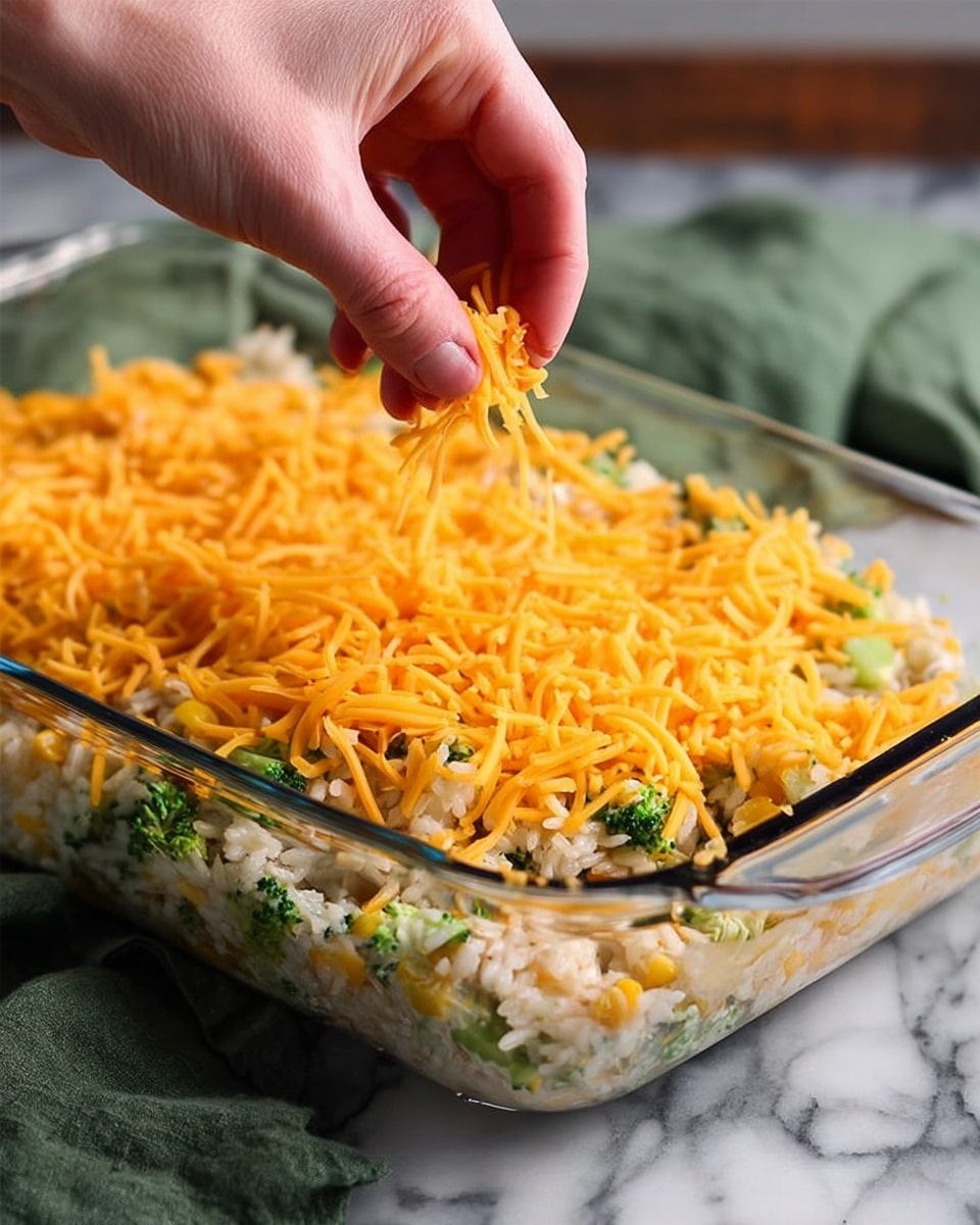 A clear glass baking dish filled with a base layer of mixed rice and small green broccoli pieces, topped with a layer of shredded orange cheddar cheese being sprinkled by a woman's hand. The rice mixture looks creamy with visible bits of vegetables, and the cheese strands are thin and bright, covering the surface unevenly. The baking dish sits on a white marbled surface with a folded green cloth nearby. photo taken with an iphone --ar 4:5 --v 7