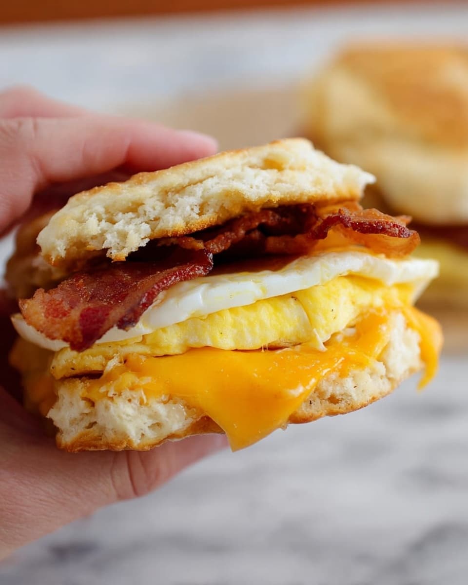 A close-up of a sandwich held by a woman's hand showing three main layers: the top layer is a golden-brown crispy bacon strip resting on top, below it is a folded cooked egg layer with bright yellow yolk and white edges, and the bottom layer is melted cheddar cheese with an orange-yellow color. These layers are all held between two thick halves of a soft, lightly toasted biscuit with a golden crust and soft inside. The background shows another biscuit sandwich blurred on a white marbled texture surface. Photo taken with an iphone --ar 4:5 --v 7