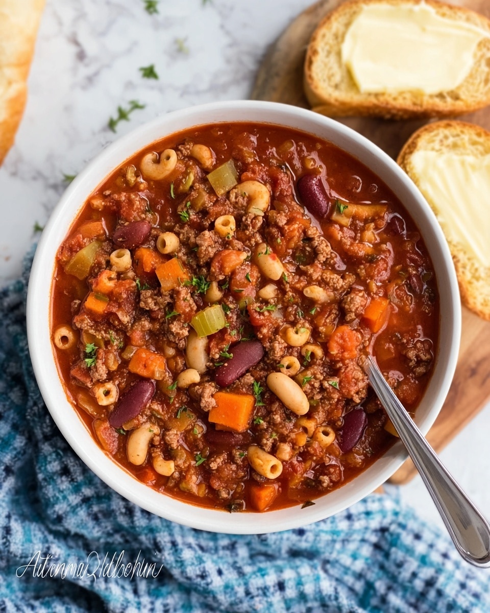 A white bowl filled with thick chili showing a rich red sauce mixed with many ingredients including orange carrot chunks, brown ground meat, red and beige beans, small pasta pieces, and green celery pieces, all mixed together with small green herb sprinkles on top; a silver spoon rests inside the bowl on the right side. Next to the bowl is a piece of bread spread with butter. The whole setting is placed on a white marbled surface with a blue checkered cloth partially visible on the right side. Photo taken with an iphone --ar 4:5 --v 7