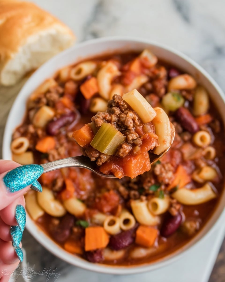 A close-up of a spoon held by a woman's hand with sparkly blue nail polish, lifting a portion of stew from a white bowl filled with a thick mix of ingredients. The stew contains layers of reddish-brown sauce, chunky orange carrot pieces, light beige pasta tubes, light green celery slices, dark brown ground meat, and red kidney beans, all mixed together with small pieces of light beige beans. A soft white bread piece is visible near the bowl, and the entire scene is set on a white marbled texture. photo taken with an iphone --ar 4:5 --v 7