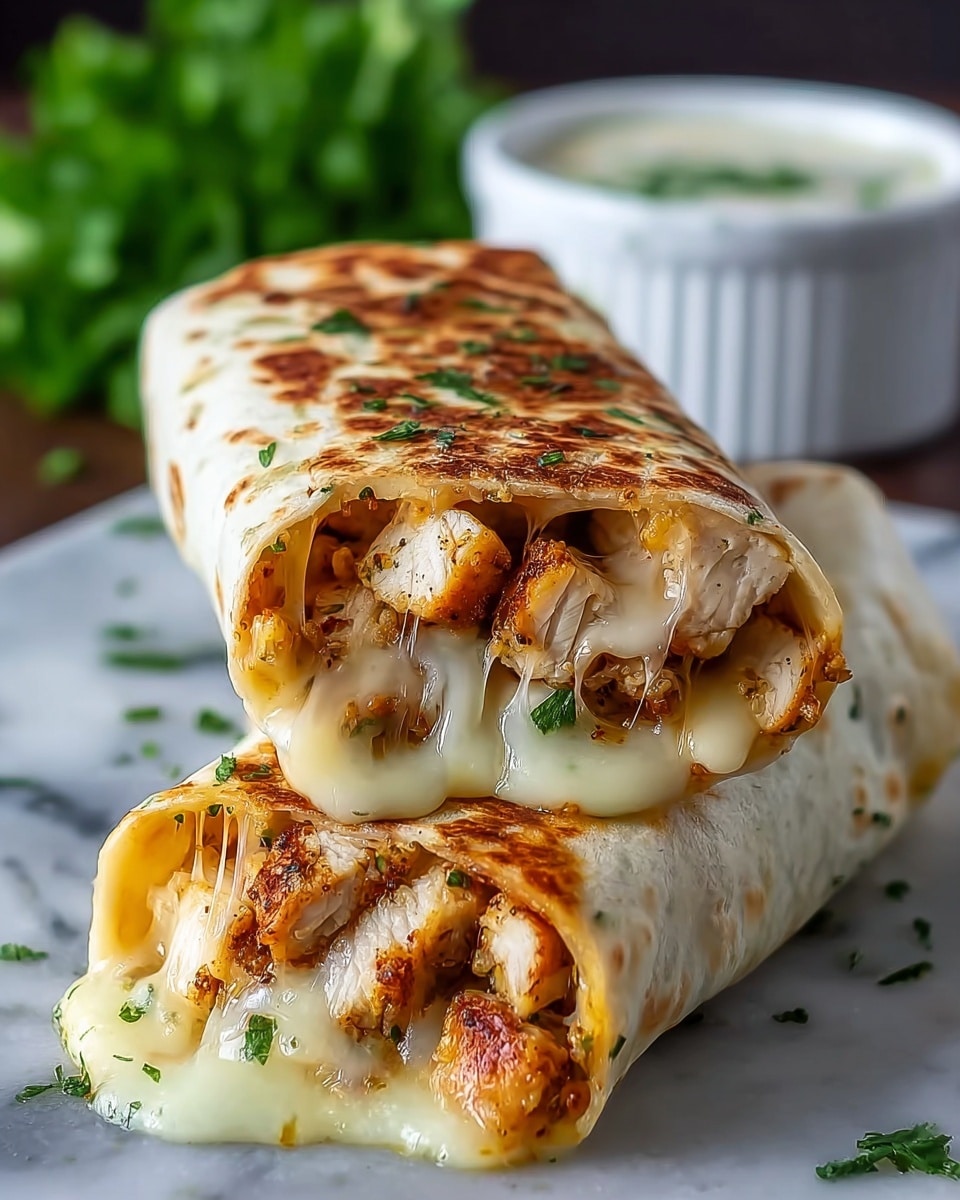 The image shows two toasted burritos stacked on a white marbled surface, with the top one slightly leaning on the bottom. Each burrito is wrapped in a lightly browned tortilla, sprinkled with small green herb bits. Inside, the filling has three visible layers: well-cooked, golden-brown grilled chicken pieces, melted cheese that is stretching and oozing out, and some finely chopped green herbs mixed in. In the background, there is a blurred white ramekin and a bunch of green herbs, adding depth to the photo taken with an iphone --ar 4:5 --v 7