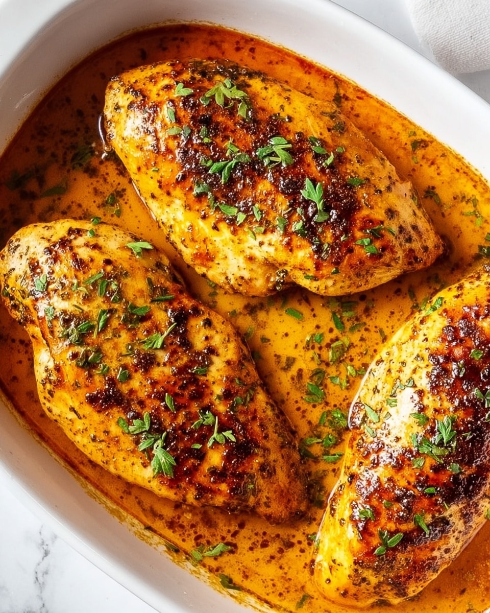 The image shows three golden-brown chicken breasts with a slightly crispy texture on top, placed side by side in a white baking dish. The chicken is covered in a rich orange-brown sauce with some dark caramelized spots around the edges. Fresh green chopped herbs are sprinkled evenly over the chicken, adding a touch of color contrast. The white baking dish sits on a white marbled surface, which complements the warm colors of the food. Photo taken with an iphone --ar 4:5 --v 7