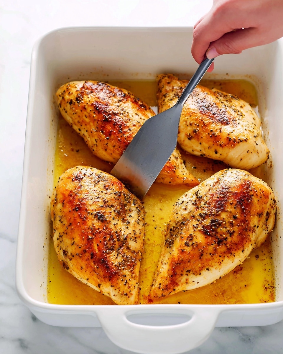 Four chicken breasts with a golden brown color, seasoned with black specks of pepper and paprika, are placed in a white ceramic baking dish. The chicken breasts have a slightly crispy surface and are sitting in a shallow layer of light yellow oil and juices at the bottom of the dish. A woman's hand is holding a metal spatula lifting one of the chicken breasts from the middle row in the dish. The background features a white marbled texture. Photo taken with an iphone --ar 4:5 --v 7