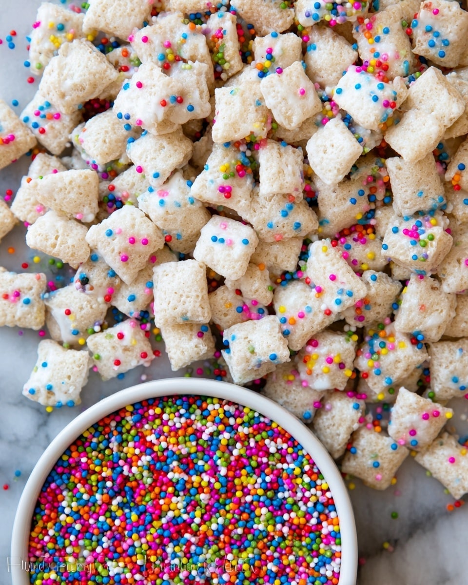 The image shows a clear glass bowl filled with small, bite-sized white cereal pieces covered in tiny round colorful sprinkles of red, blue, yellow, green, and orange. The cereal pieces are square-shaped with a rough texture, and many pieces are also scattered around the bowl on a white marbled surface visible in the background. The bright, multicolored sprinkles contrast vividly with the pale white cereal, creating a festive look. Photo taken with an iphone --ar 4:5 --v 7