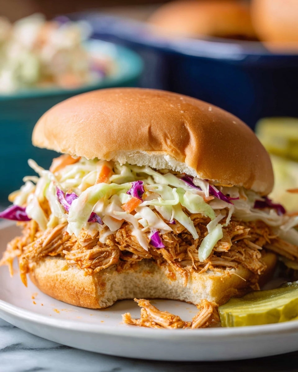A pulled chicken sandwich with a soft golden brown bun showing a bite taken out of it, revealing shredded, tender, light brown chicken meat inside. On top of the chicken, there is a layer of colorful coleslaw with thin strips of light green cabbage, orange carrot, and purple cabbage. A slice of pickle is visible under the coleslaw, and some pulled chicken strands are falling out on the white plate. The background shows a blurred bowl and more coleslaw on a white marbled surface. photo taken with an iphone --ar 4:5 --v 7