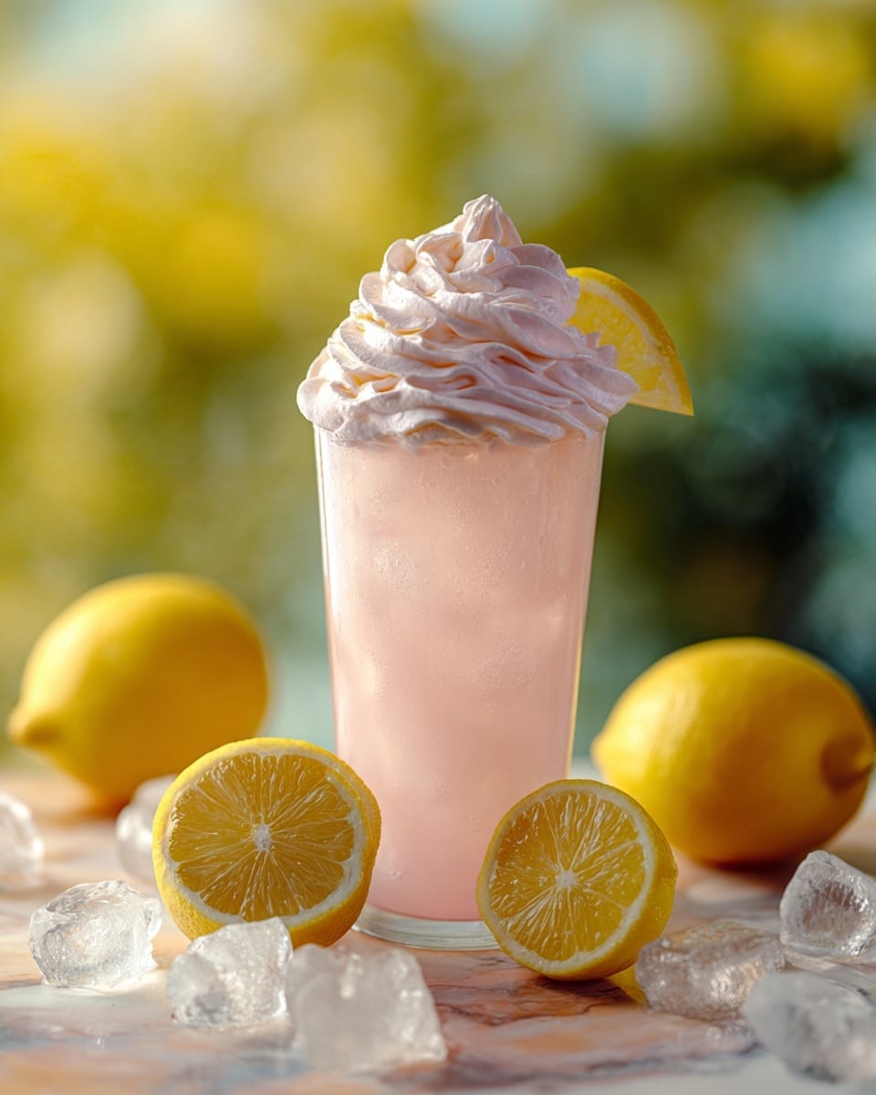 A tall clear glass filled with light pink lemonade containing ice cubes is topped with a swirl of fluffy pink whipped cream that has a soft texture and slightly ruffled edges, and garnished with a thin lemon slice on the rim. The glass is surrounded by bright yellow whole lemons and scattered clear ice cubes on a white marbled surface, with a soft, blurred green and yellow bokeh background. photo taken with an iphone --ar 4:5 --v 7