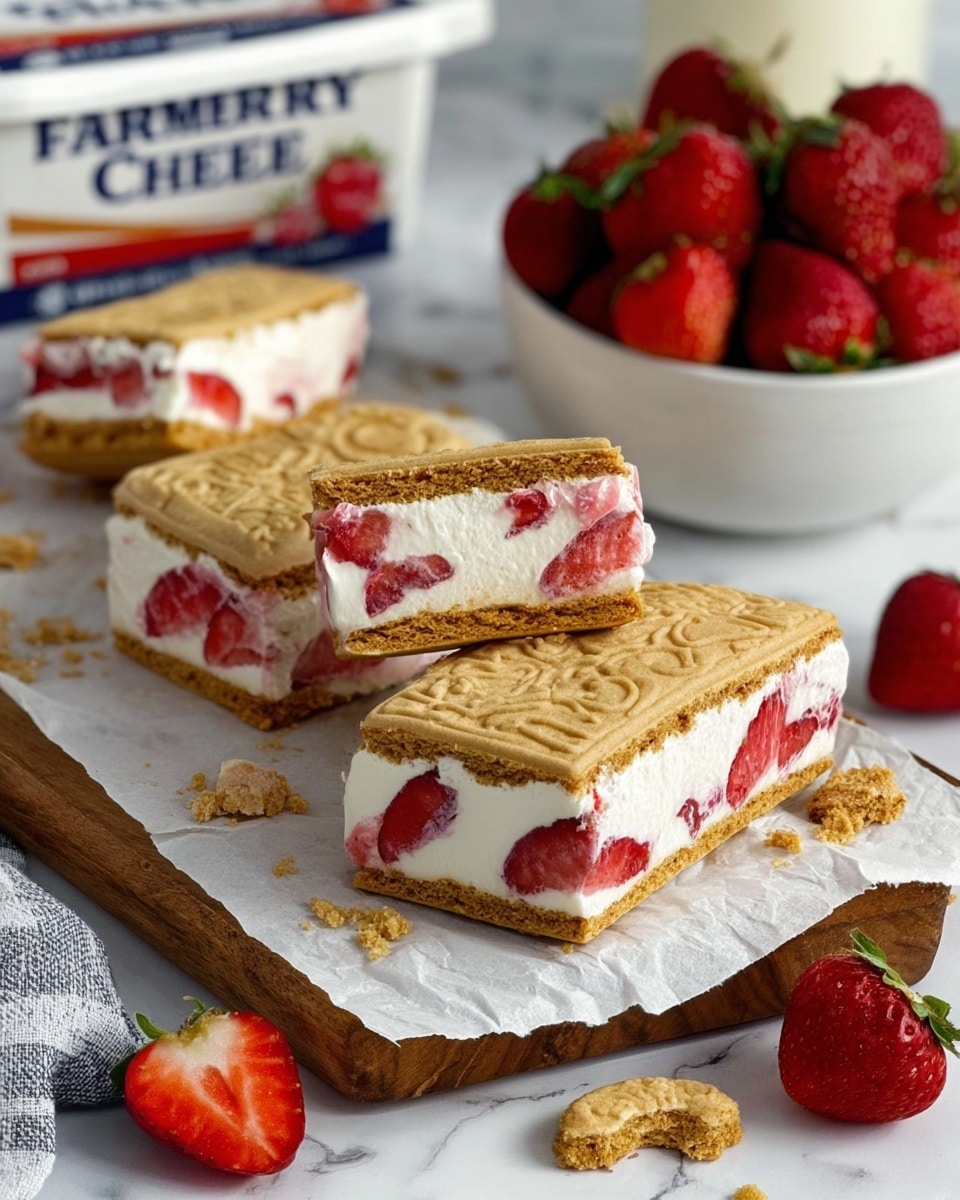 The image shows three pieces of a layered dessert arranged on white parchment paper over a wooden board on a white marbled surface. Each piece has two layers of thick white cream mixed with visible chunks of red strawberries, sandwiched between light brown biscuits with an embossed pattern on top. The bottom layer is a crumbly biscuit base, the middle layer is creamy white with strawberry pieces, and the top layer is another biscuit. In the background, there is a white bowl filled with bright red strawberries and a white container of farmer cheese. A few whole and halved strawberries, along with some biscuit crumbs, are scattered around. photo taken with an iphone --ar 4:5 --v 7