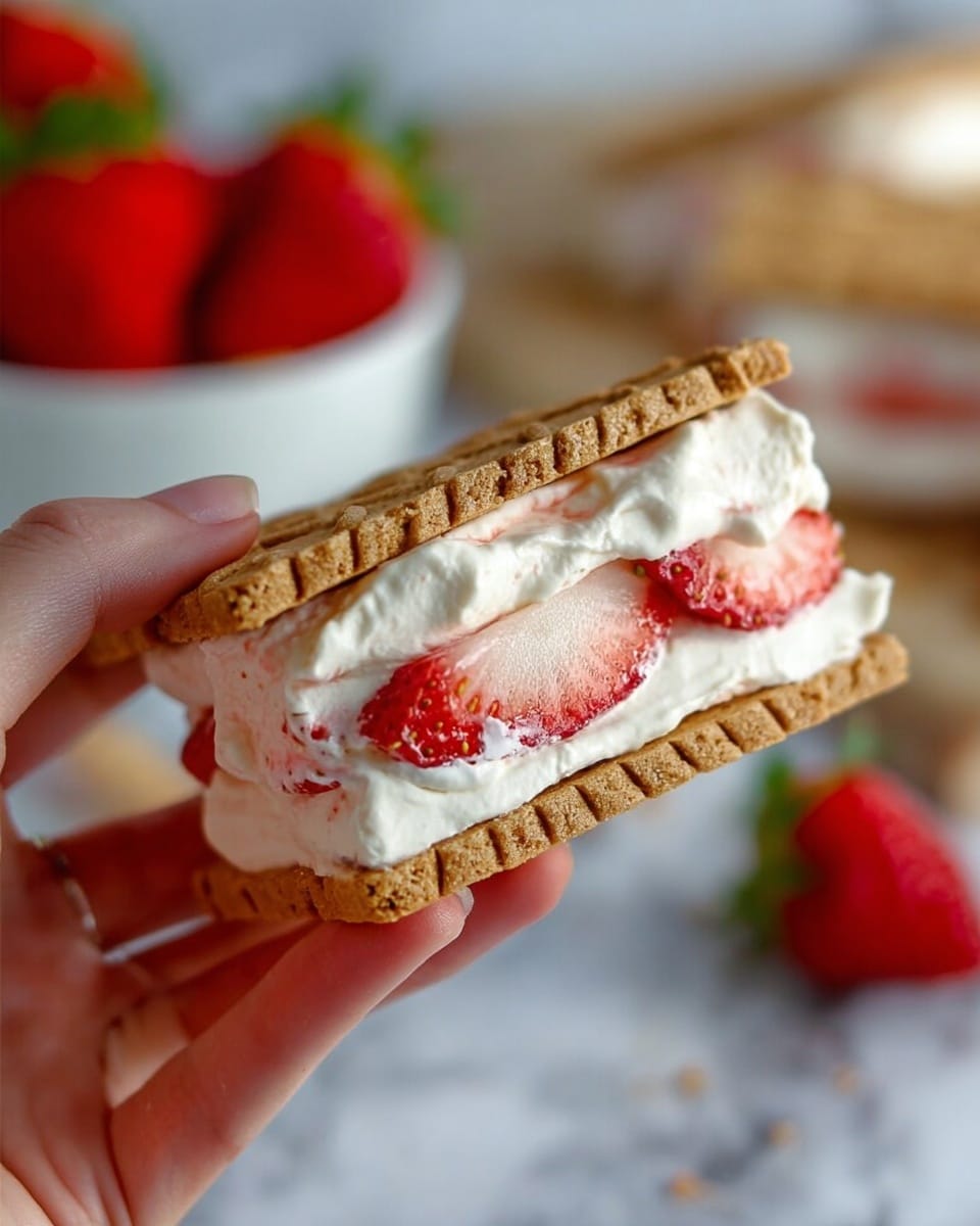 A close-up of a sandwich-style dessert held by a woman's hand, showing three clear layers: the top and bottom layers are light brown, textured biscuit cookies with a slightly rough surface and patterned edges, while the middle layer is thick, creamy white filling mixed with thin slices of red and white strawberries embedded within the cream. The dessert is presented against a soft background with blurred red strawberries and a white bowl, placed on a white marbled surface. photo taken with an iphone --ar 4:5 --v 7
