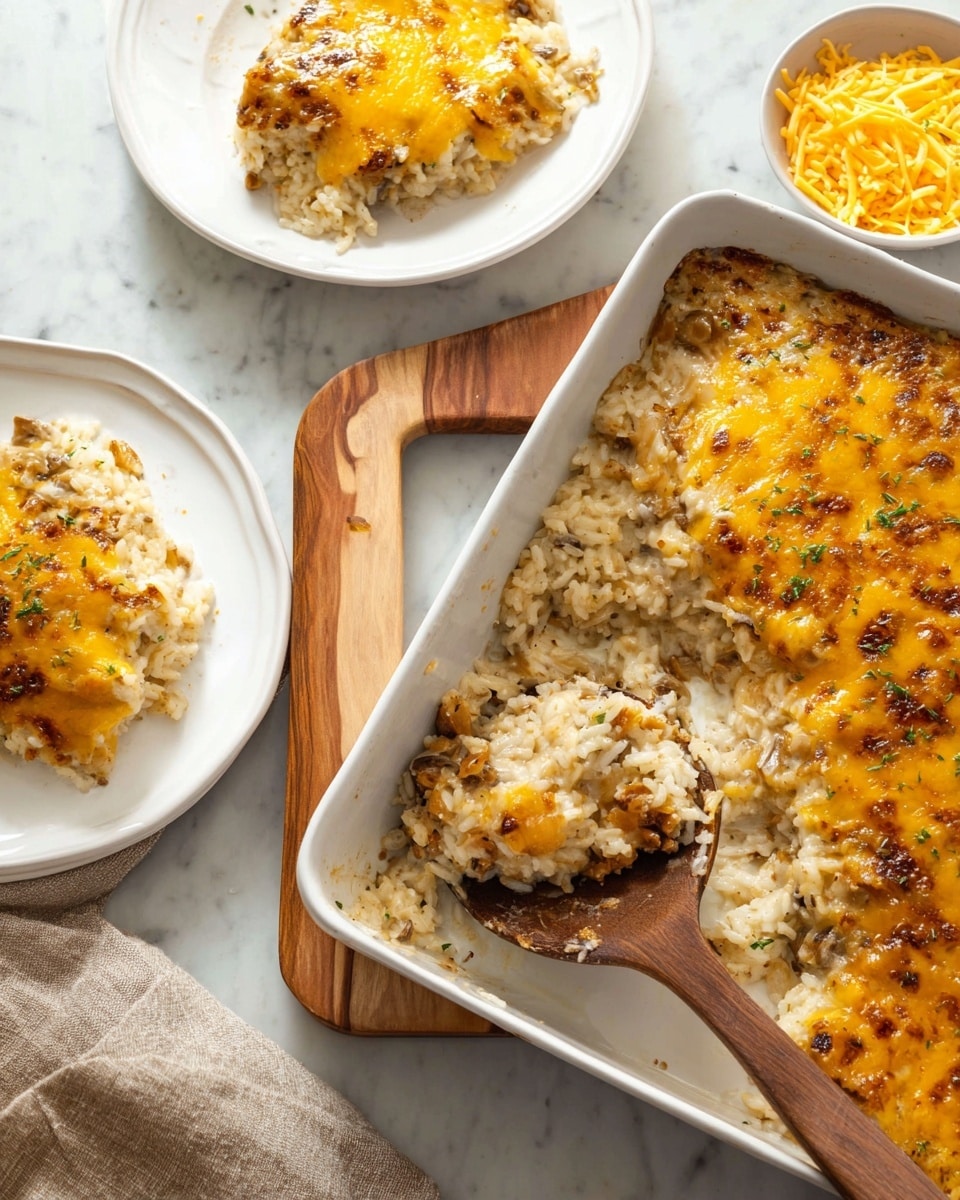 The image shows a white baking dish filled with a creamy rice casserole topped with melted, golden brown cheese that has some crispy browned spots. Inside, there is a layer of cooked rice mixed with bits of browned onions, creating a textured and soft base layer. A wooden spoon scoops out a portion from one corner, showing the thick, creamy inside beneath the cheese layer. Nearby, two white plates hold servings of the casserole, showing the same layers of cheesy top and creamy rice underneath. There is also a small white bowl filled with shredded cheese off to the side. The scene is set on a white marbled textured surface with a wooden table beneath the baking dish partly visible. photo taken with an iphone --ar 4:5 --v 7