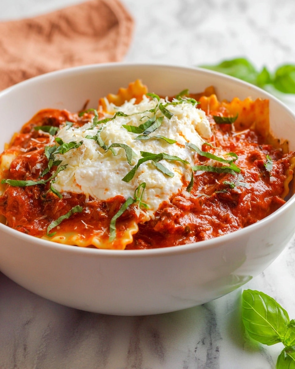 A white bowl filled with a two-layered lasagna dish, the bottom layer showing wavy pasta sheets covered by a thick, bright red tomato sauce with visible meat chunks and melted cheese mixed in, topped with a generous dollop of creamy white ricotta cheese and sprinkled with fresh green chopped basil leaves, all sitting on a white marbled textured surface with a few basil leaves scattered nearby. photo taken with an iphone --ar 4:5 --v 7