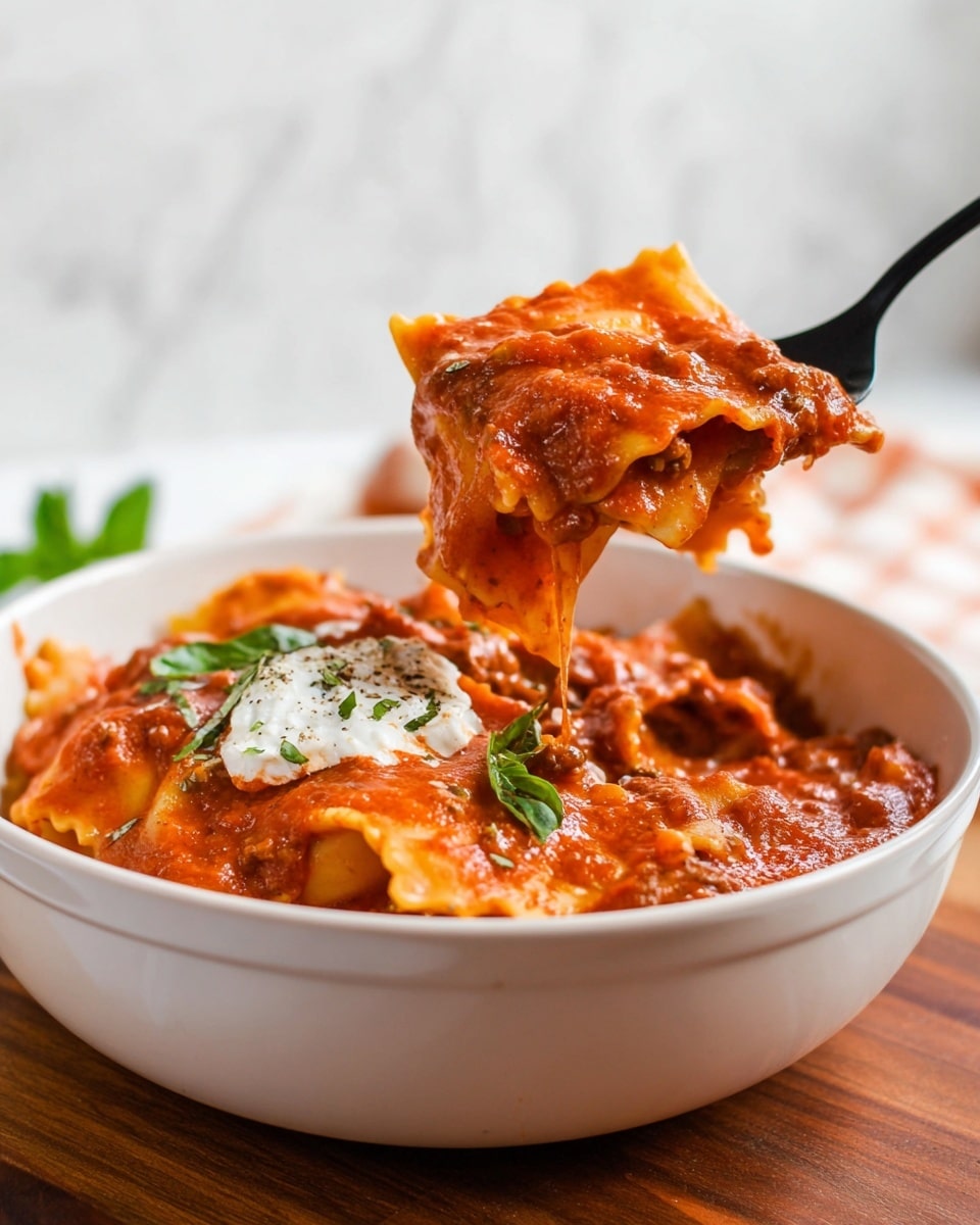 A white bowl is filled with rich red-orange lasagna in a thick tomato sauce, showing visible crinkled pasta layers folded and torn, covered by a smooth, slightly chunky sauce with bits of herbs and ground meat. On top, there is a dollop of white ricotta cheese with a few fresh green basil leaves scattered around it. A black spoon held by a woman's hand lifts a portion of the saucy pasta, highlighting the creamy and textured surface of the sauce. The bowl sits on a wooden surface with a soft focus background, all replaced by a white marbled texture. Photo taken with an iphone --ar 4:5 --v 7