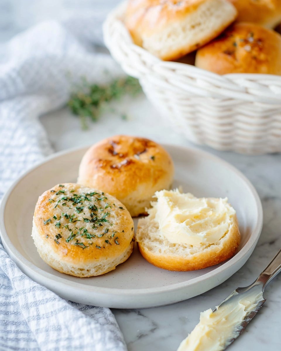 The image shows a close-up of a white plate with three small round biscuits on it. Two biscuits are whole with golden brown tops, one sprinkled with green herbs and the other with a plain toasted surface. The third biscuit is split open on the plate, with the bottom half covered in a thick, creamy, pale yellow spread. A butter knife with some spread on its tip lies next to the open biscuit on the right side of the plate. In the background, there is a white woven basket filled with more golden brown biscuits. The plate is placed on a white marbled surface with a white and blue striped cloth partially visible on the left side. Photo taken with an iphone --ar 4:5 --v 7