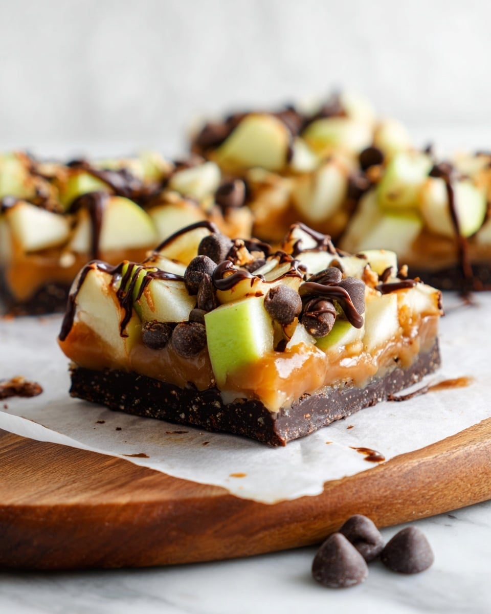 The image shows a close-up of a dessert slice with three clear layers: the bottom layer is a dark chocolate base, firm and smooth; the middle layer is caramel with a slightly gooey texture and light brown color mixed with small, white puffed pieces; the top layer is covered with large, uneven chunks of light green apple with their skin on, and dark brown chocolate drizzles scattered over everything. The slice rests on white parchment paper placed on a wooden board, and a few dark brown chocolate chips lie nearby on the paper over a white marbled surface. Photo taken with an iphone --ar 4:5 --v 7