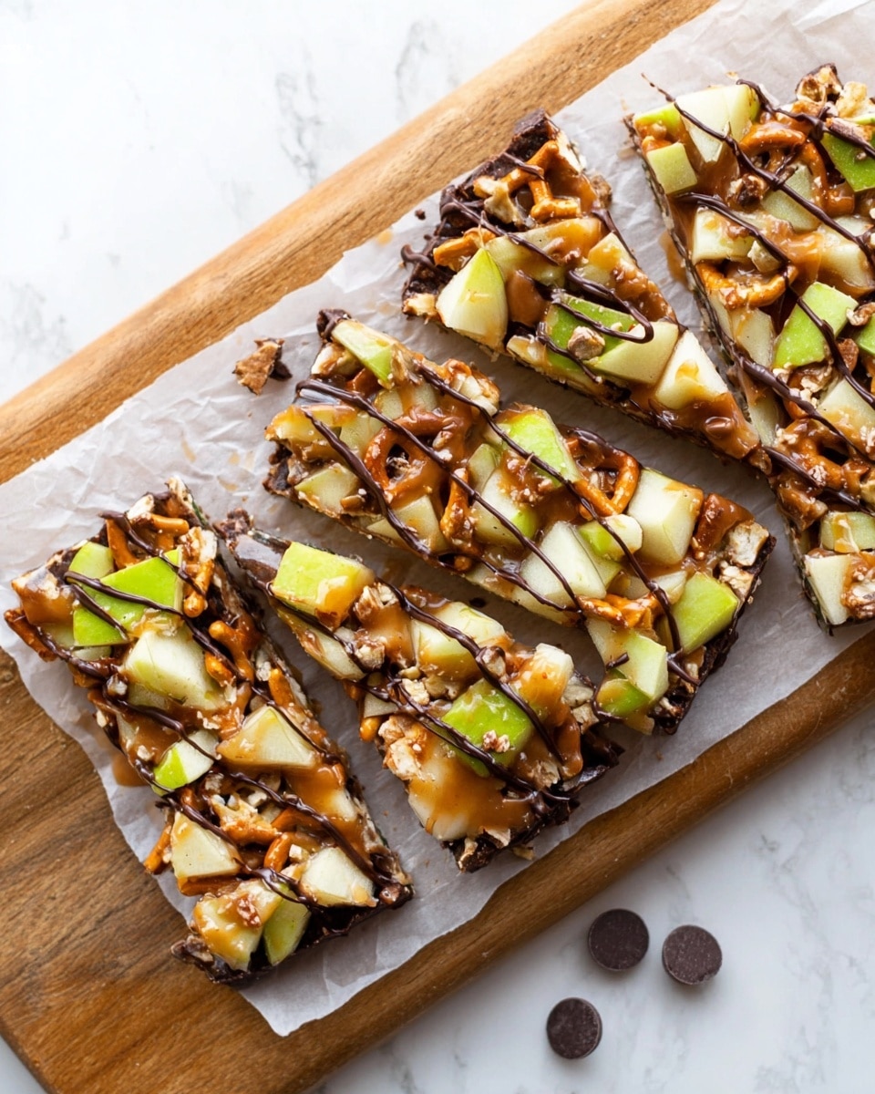 This dish shows three slices of a snack bar on white parchment paper over a wooden board with a white marbled background. Each slice has a thin, dark chocolate base layer, topped with a layer of chunky caramel spread mixed with small pieces of crunchy pretzels and chopped fresh light green apple chunks scattered all over. The top layer is thin lines of dark melted chocolate drizzled over the caramel and apple pieces, adding a textured look. Two small chocolate chips are placed on the parchment near the front slice. The overall look is colorful, messy, and rich with crunchy and chewy textures. photo taken with an iphone --ar 4:5 --v 7