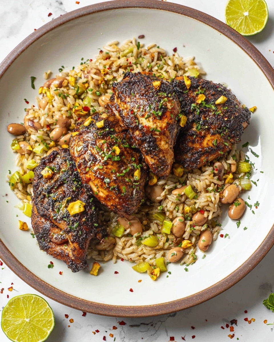 A white plate with a brown rim holds a serving of three grilled chicken pieces, each with a dark, charred crust and sprinkled with green herbs and small yellow and red bits. Underneath and to the side of the chicken is a bed of rice mixed with light brown and beige beans, celery pieces, and small green herbs, adding texture and color contrast. Scattered around the food and plate are small lime wedges and red chili flakes. The entire plate sits on a white marbled surface with lemon and lime pieces nearby. Photo taken with an iphone --ar 4:5 --v 7