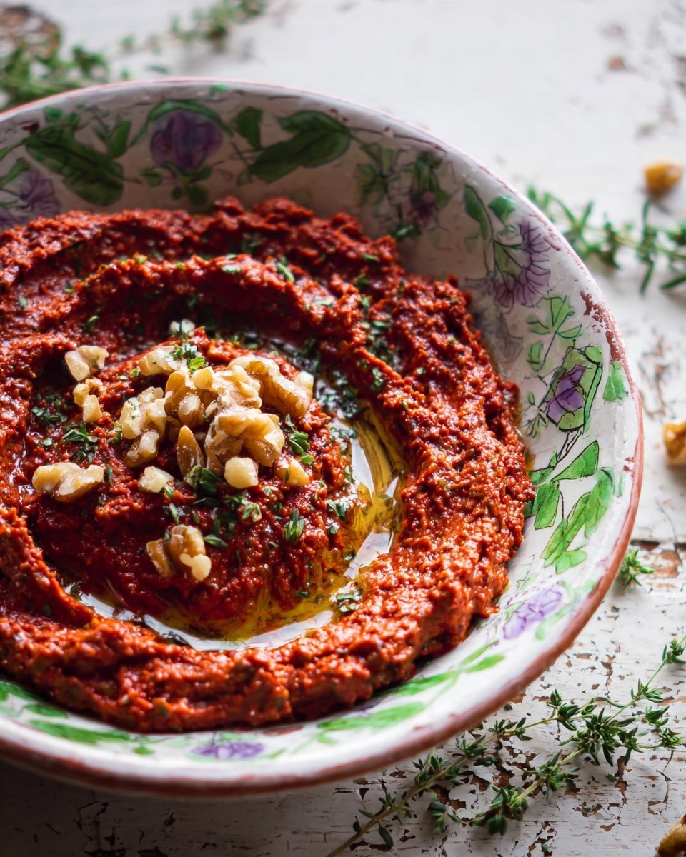 A close-up view of a thick red dip with a rough texture inside a white bowl decorated with green leaves and purple flowers along its edge. The dip has a slightly uneven surface with some small chunks and a small pool of oil shining on top. In the center, there is a small pile of chopped walnuts and green herb sprigs scattered over the dip. The bowl is placed on a rustic white marbled textured surface with some green herb sprigs lying nearby. Photo taken with an iphone --ar 4:5 --v 7