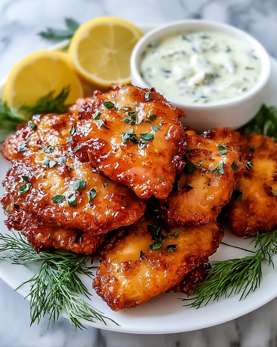 A white plate holds a stack of seven golden-brown, crispy fried chicken pieces with a shiny glaze and small green herb leaves sprinkled on top. To the top right of the plate sits a small white bowl filled with a creamy white sauce that has bits of green herbs mixed in. Just behind the bowl are two lemon wedges with a bright yellow color, and some fresh green dill sprigs are placed around the plate and near the lemon wedges. The whole setup rests on a background with a white marbled texture. Photo taken with an iphone --ar 4:5 --v 7
